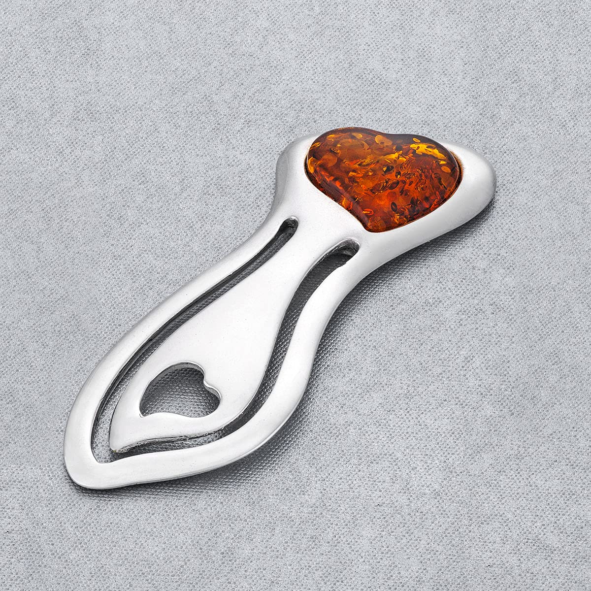 Segnalibro, Argento Sterling Lucidato con Nanocopertura Protettiva, Cuore D'ambra Color Cognac, Segnalibro in Argento con Cuore D'ambra L. 5,7 cm