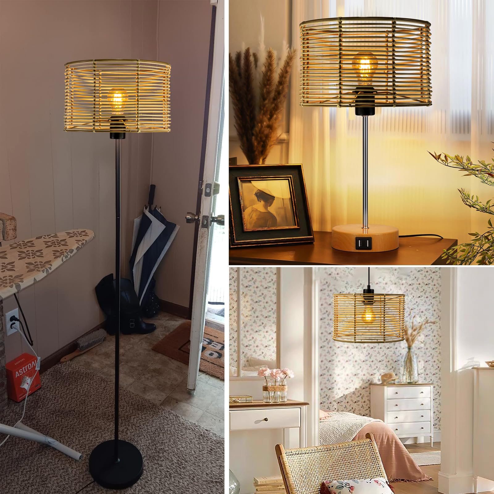 Paralume vintage in rattan, intagliato a tamburo, per lampada da terra, lampada a sospensione, lampada da tavolo, lampada da soffitto