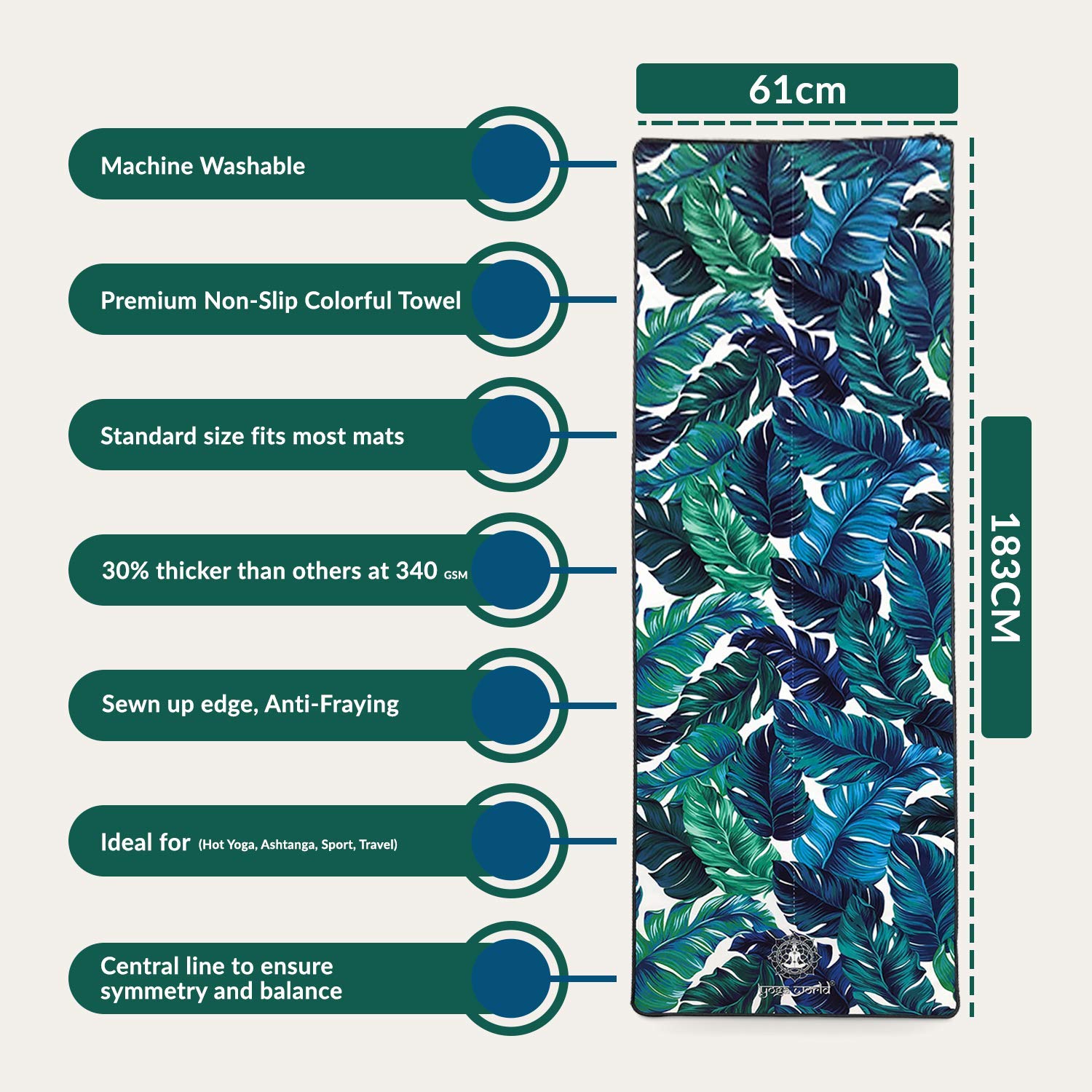 Yoga World Yoga Towel - Thick, Soft, Sweat Absorbent, Nonslip Exercise cloth Made with Microfiber Fabric - For Bikram, Pilates, Beach & Home Workout - Machine-Washable - 72 x 24 inch - (Palm Green)