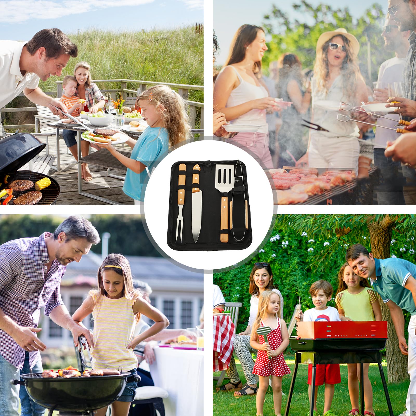 GANAZONO Set Utensili per Barbecue Portatile in Acciaio Inossidabile 4 Pezzi Manico Antiscivolo e Custodia Pratica per Campeggio e Grigliate All'aperto