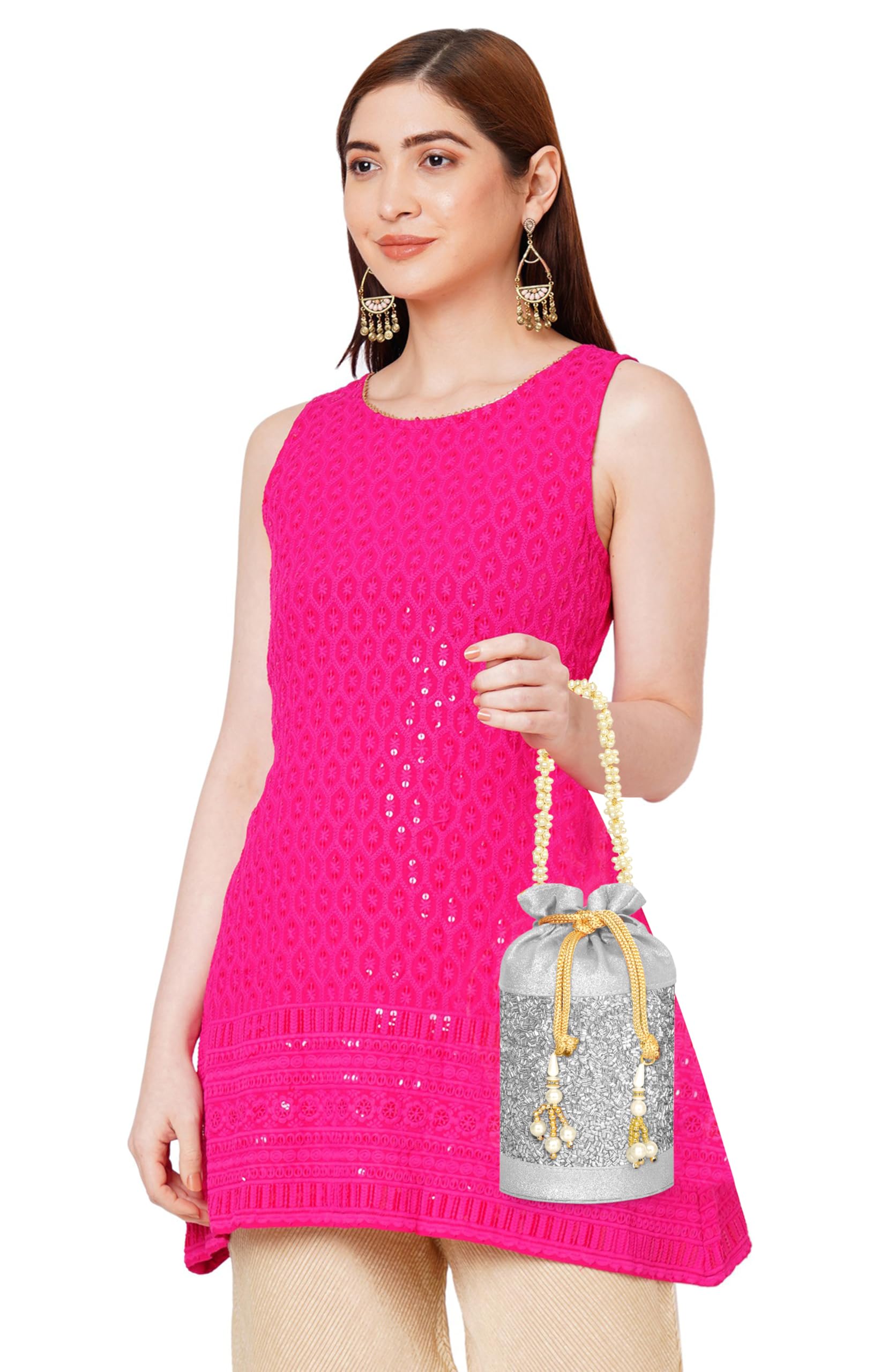 MISHA Gilded Grace Potli Bag for Women β Designer Beaded Potli with Pearl Handle (SILVER) 4