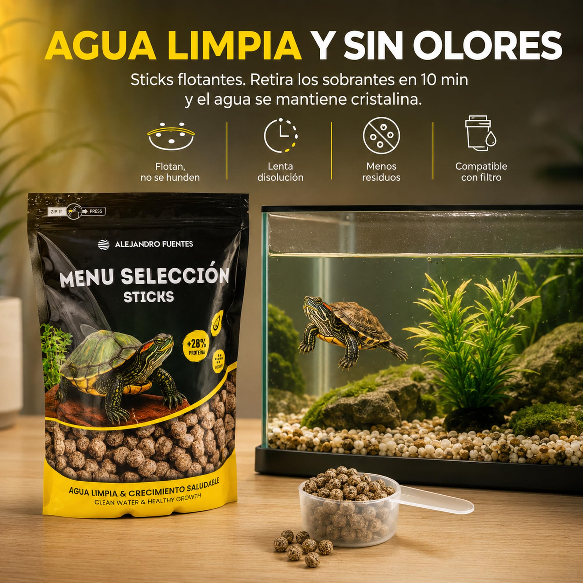 AF® Comida para Tortugas de Agua Adultas 1,5kg/5L Sticks Flotantes 5mm, 28% Proteína para Caparazón Fuerte, Agua Limpia y Sin Olores, Comida Tortuga con Cierre Zip y Cuchara Medidora Incluida