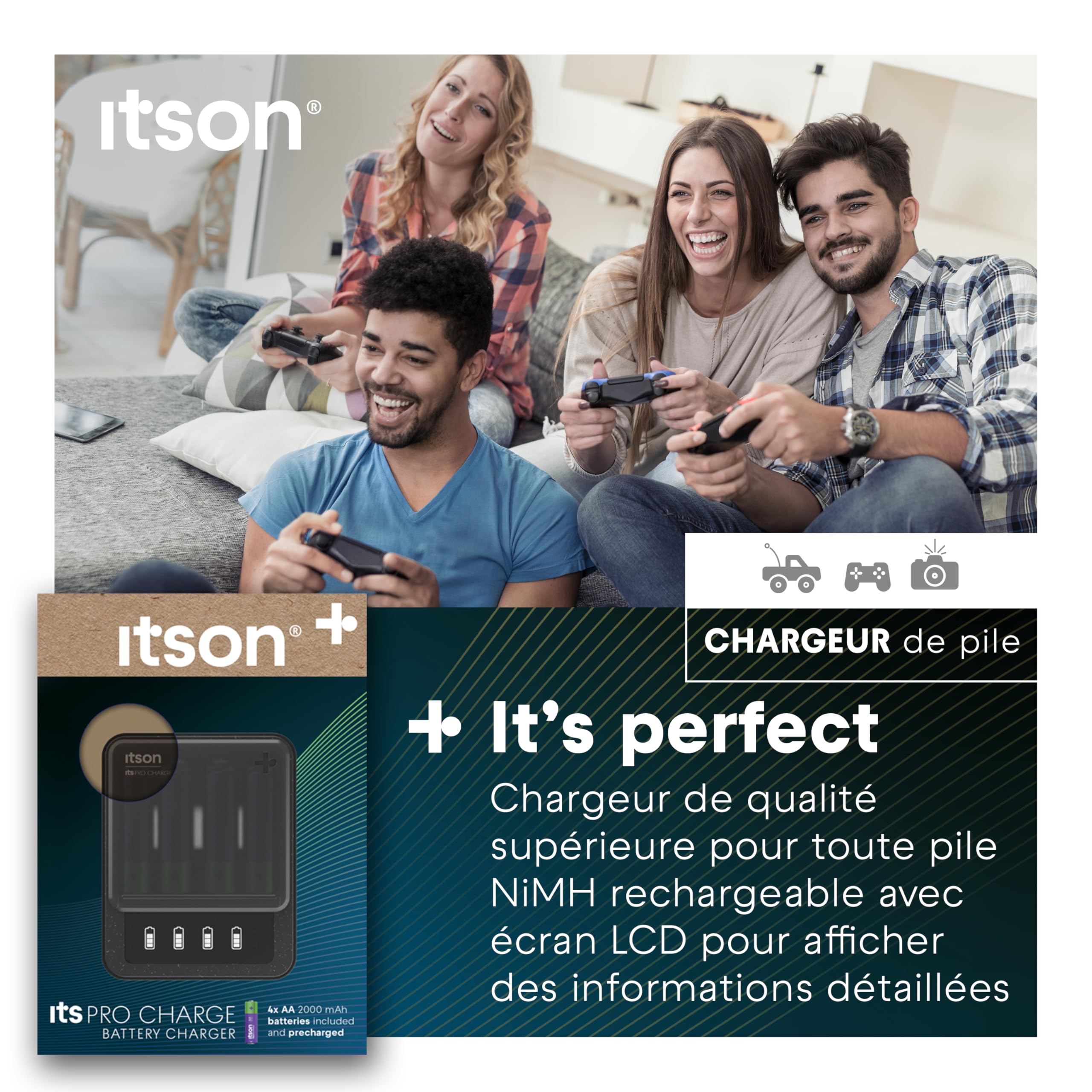 itson Chargeur de Piles, itsPRO Charge Ni-MH USB-C vers USB-C, 4 Piles AA (2000 mAh), Temps de Charge de 4 h 45 Min, écran LCD, détection des Piles alcalines ou défectueuses, Mode économie d’énergie