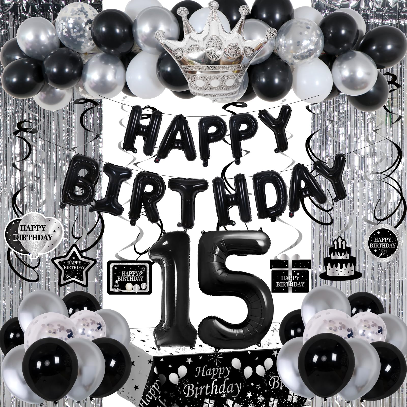 Black and Silver 15th Birthday Decorations for Boys Girls, Black and White 15th Birthday Party Decorations for Boys Girls, Black Silver Happy Birthday