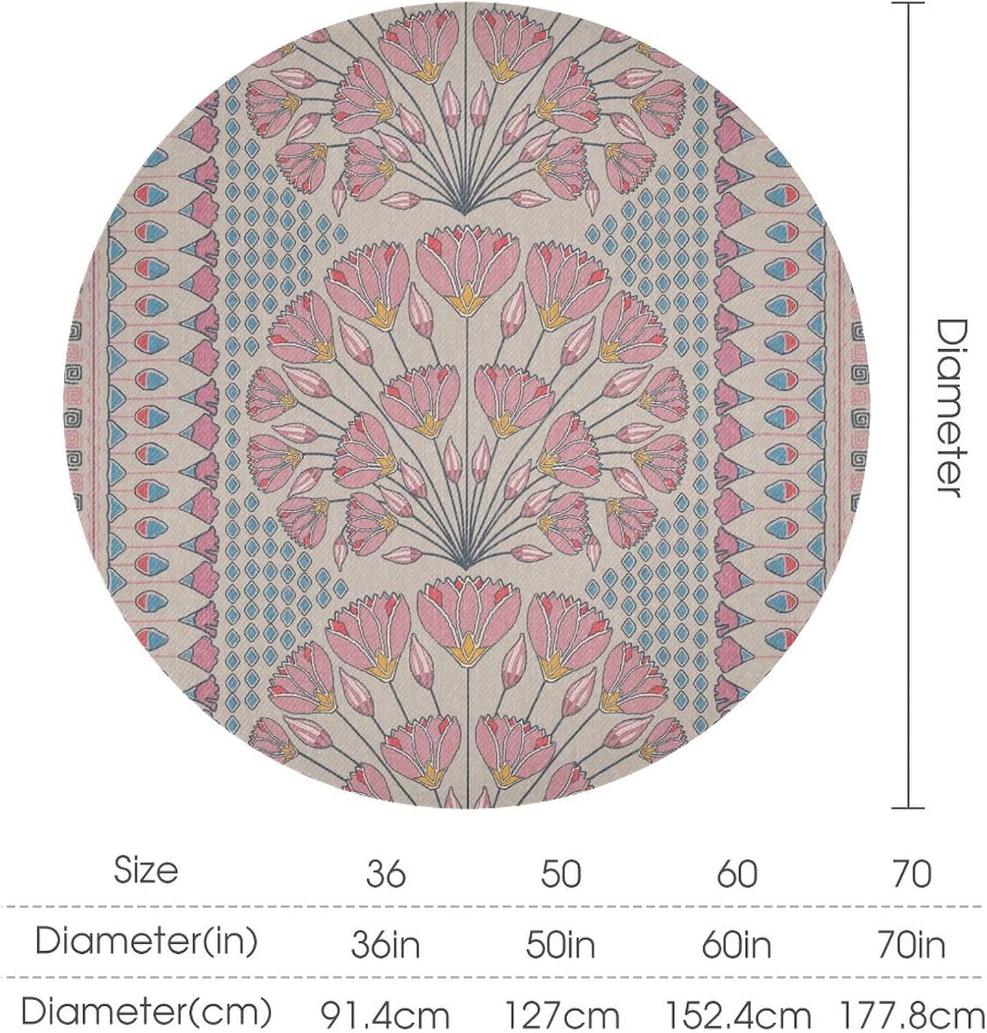 Cheyan Pink and Rice White Cairo Round Tablecloth 70x70in Chinoiserie Asian Style Table Cloth Round Table Cover for Kitchen Dining Room Buffet Banquet Holiday Party Waterproof Table Decor