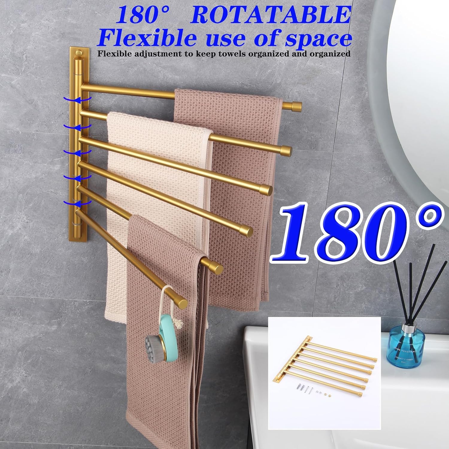 GERZWY Bathroom Swing Arm Towel Bars Wall Mount Bath Towel Rack with 6 Arms Hanger Towel Holder Organizer Stainless Steel Gold Finished HYG06-BE