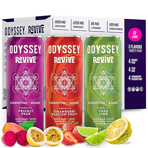 Odyssey Revive - Bebida de hidratación espumosa con L de teanina, melena de león, cordyceps y electrolitos, bebidas energéticas naturales sin