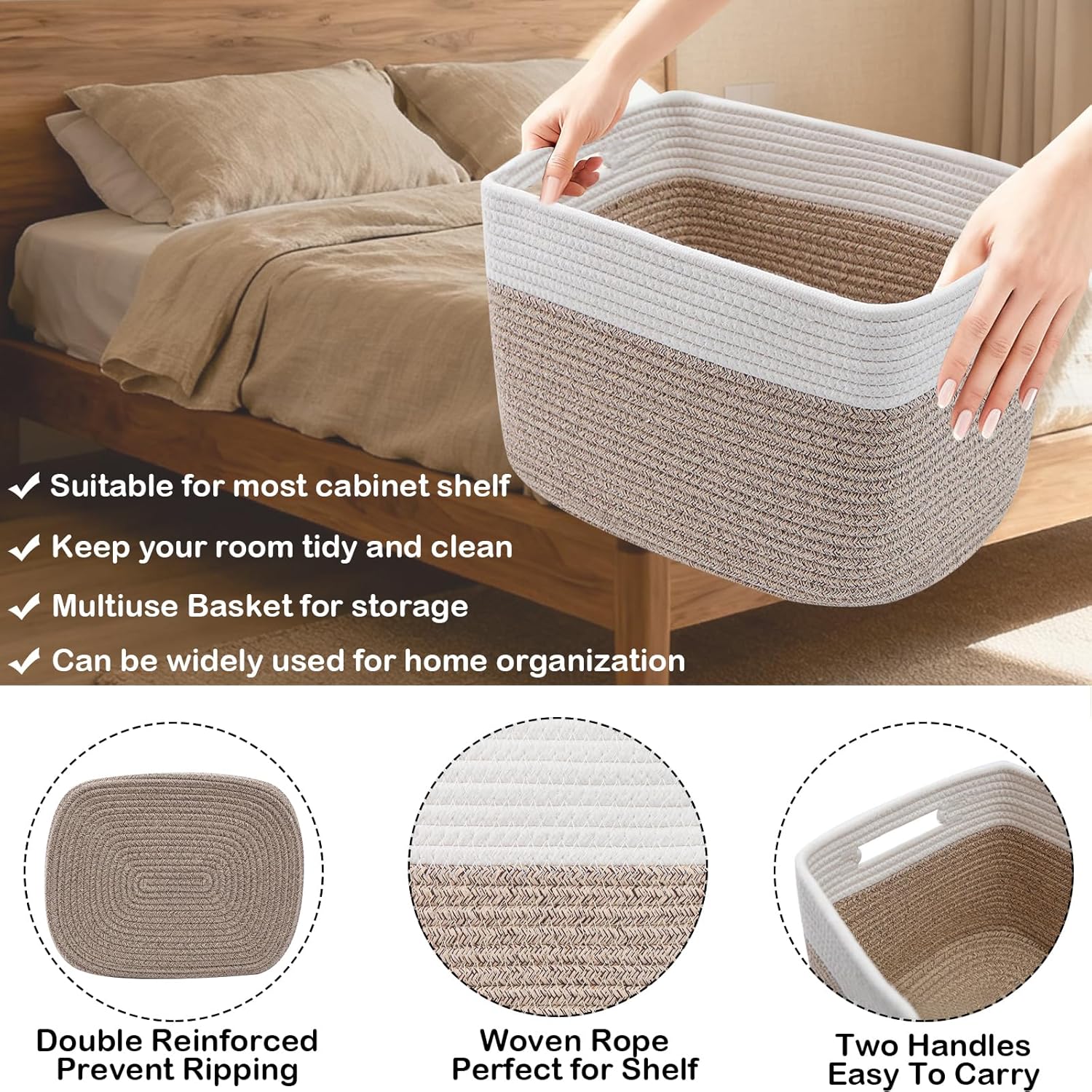 3 Pack Woven Storage Baskets for Shelves,13.5"×11"×9.5"Organizing Bins,Gift Baskets for Toys/Books/Towels/Clothes,Storage box for Nursery,Bedroom&Living Room Home Organization(White&Brown)