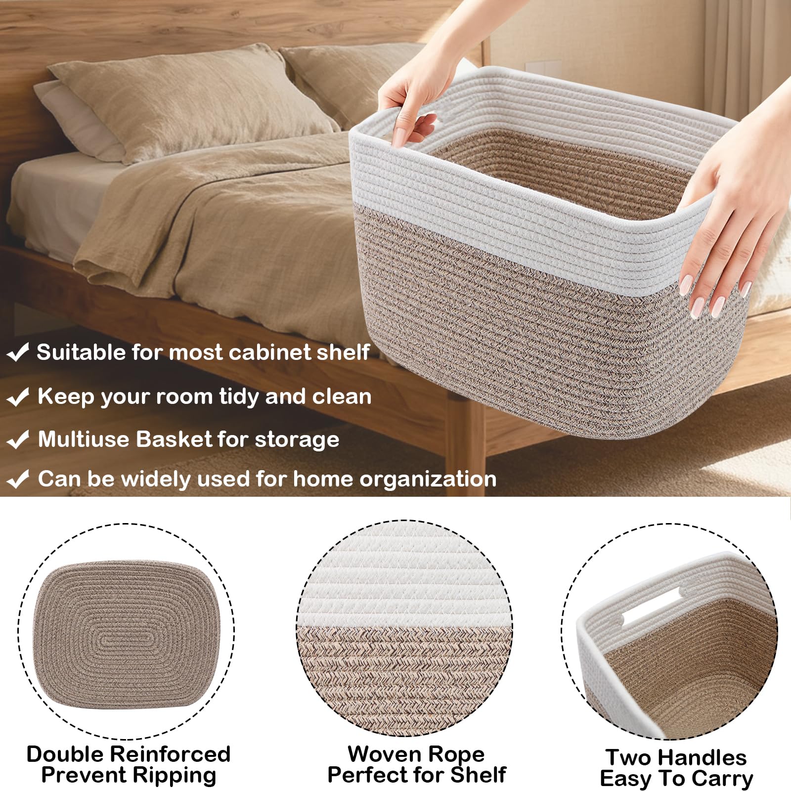 3 Pack Woven Rope Storage Baskets for Organizing,13.5"×11"×9.5" Storage Bins for Shelves,Perfect for Toys,Books,Towels,Clothes,Empty Gift Baskets for Nursery,Living Room&Bedroom(White&Brown) - 4