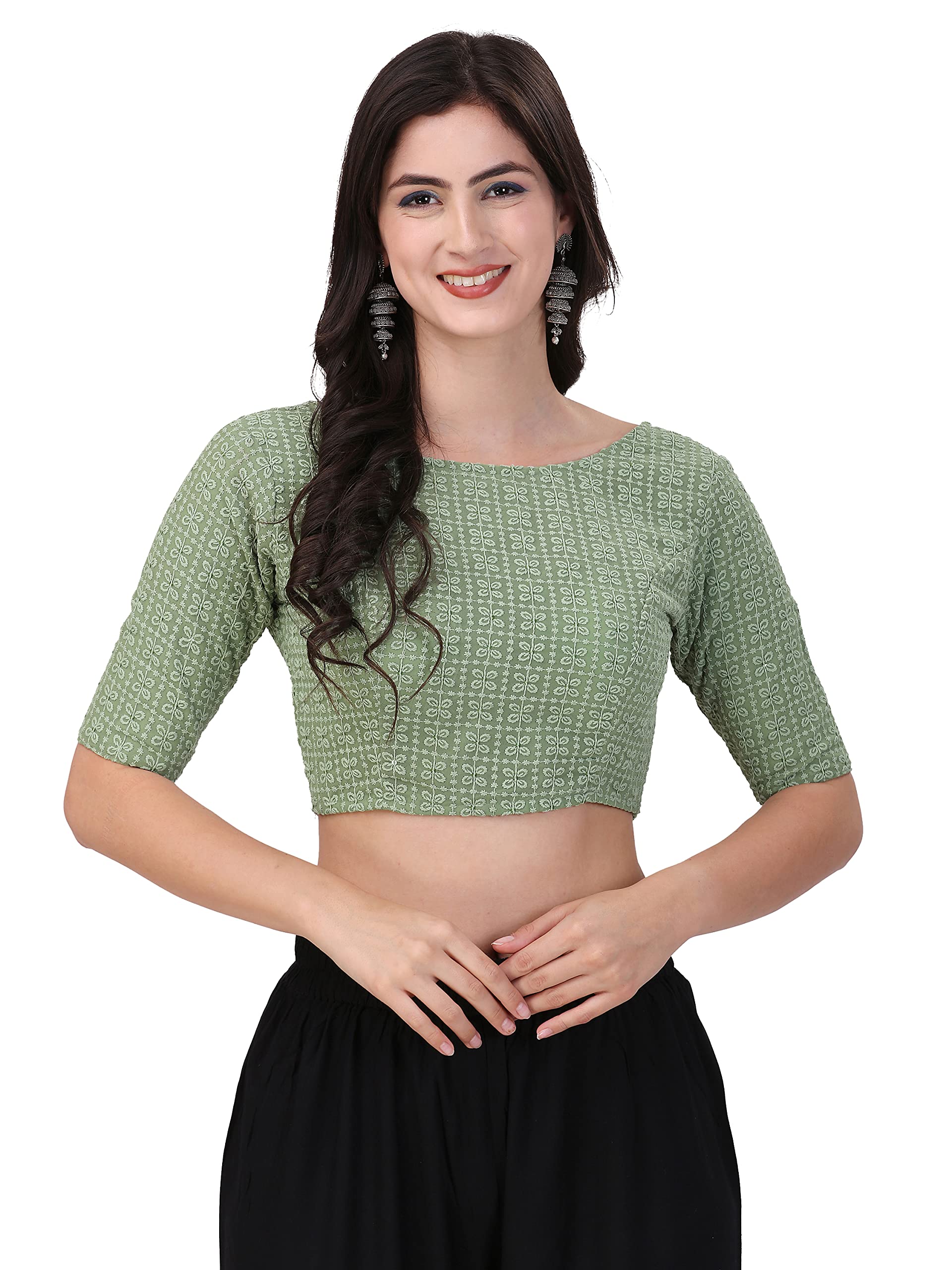 Oomph! Traditional Cotton Schiffli Fabric Blouse For Women |Elbow Length Sleeves | Wedding & Festival Wear | Comfortable & Trendy Ethnic Wear | Readymade Blouse For Saree & Lehenga