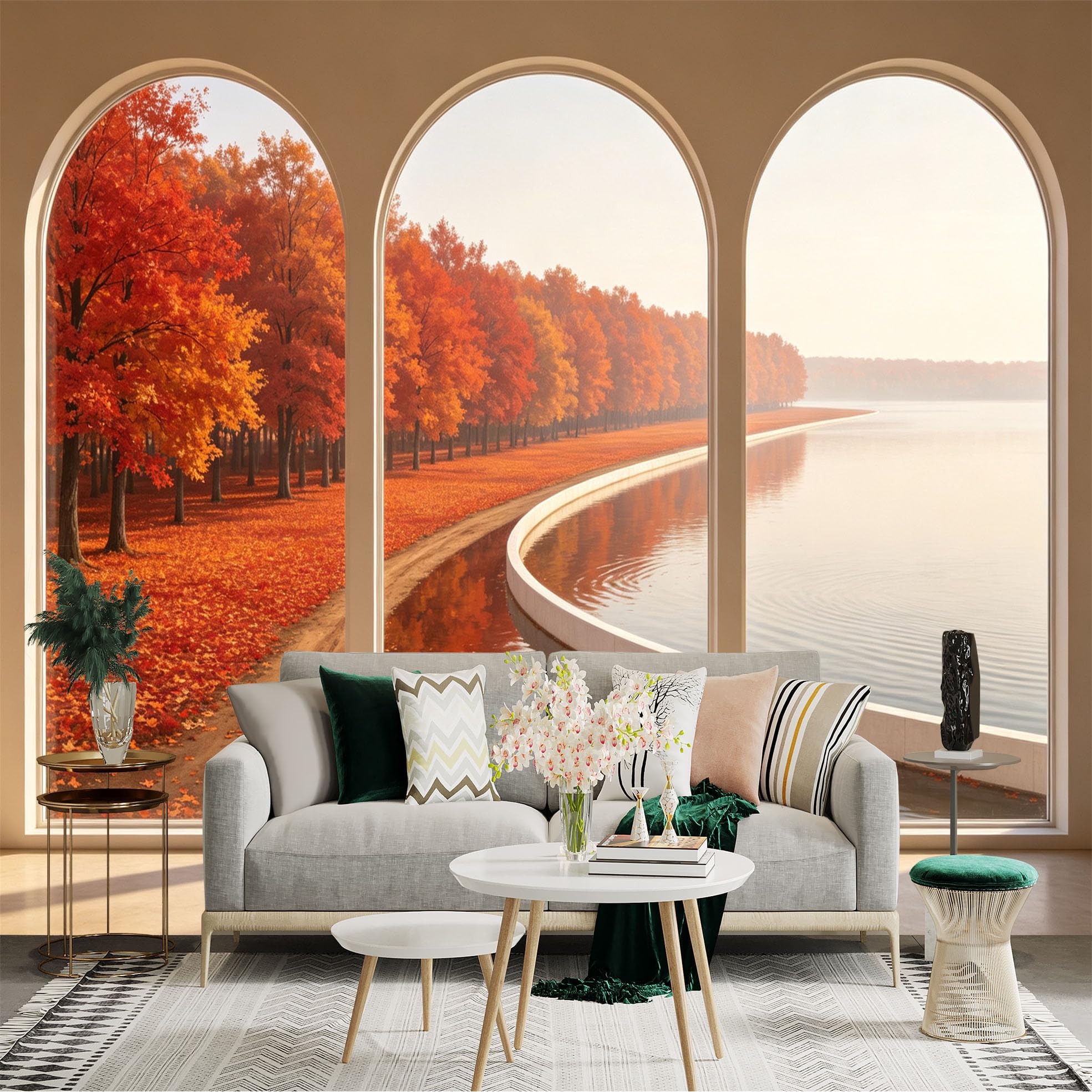 Custom Size Wall Sticker Mural， Autumn Maple Forest View， Serene Lake Shoreline， Vibrant Fall Foliage Landscape， for wall Decoration， peelandstick wall Decals.