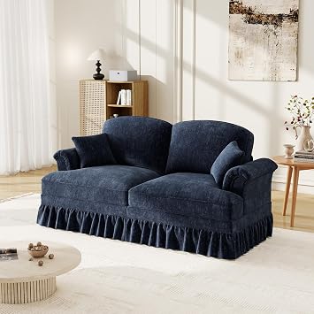 Modular Sectional Sofa Couch, Comfy Chenille Two-Seat Sofa with Removable Ruffles Pleats Skirts, Elegant Mid Century Sofa Couch, for Living Room, Bedroom, Apartment Blue, 76.4inch