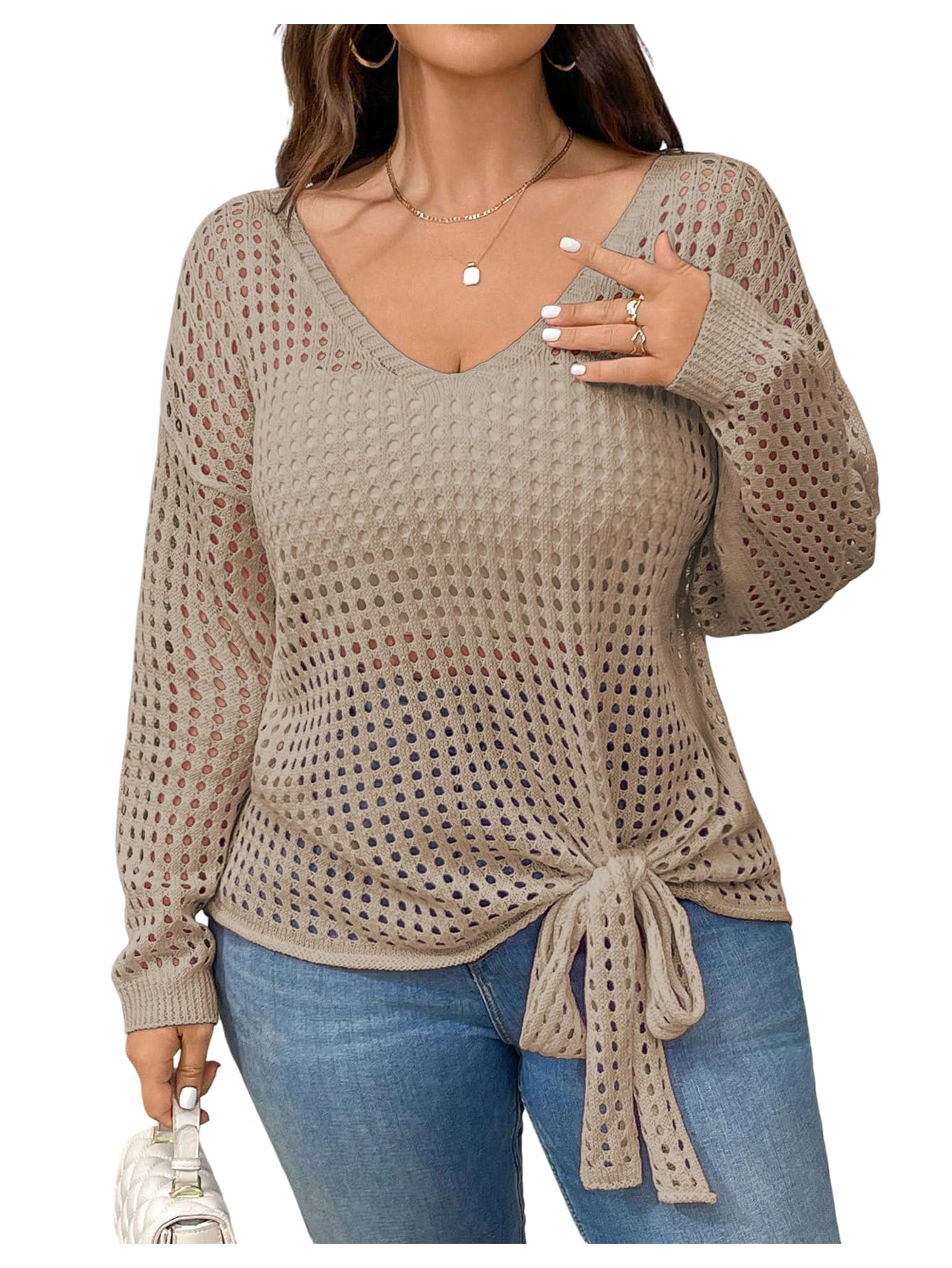 SOLY HUX Womens Plus Size Crochet Sweater V Neck Long Sleeve Hollow Out Knit Bow Tie Knot Pullover