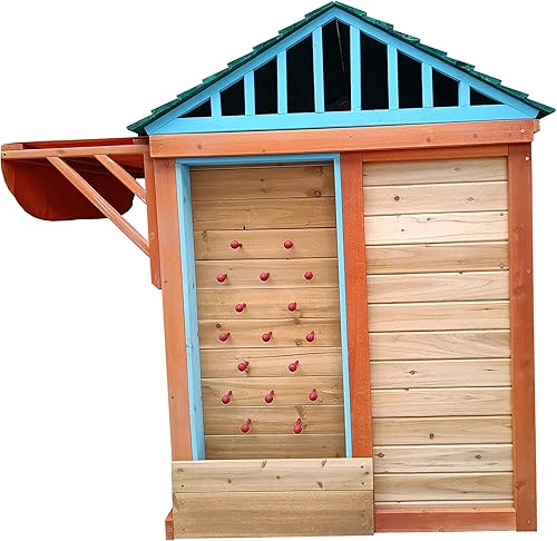 Miniatura 4 de Casa de juegos al aire libre para niños de 3 a 8 años, casa de juegos de madera con 4 ventanas de toldo de juegos, pared de bola, lanzamiento de