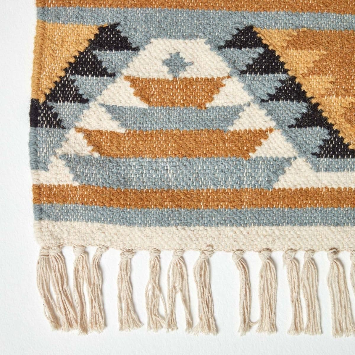 HOMESCAPES - Tapis Kilim en Laine à Motif géométrique Jaune, Fabrication Artisanale - Agra - 66 x 200 cm