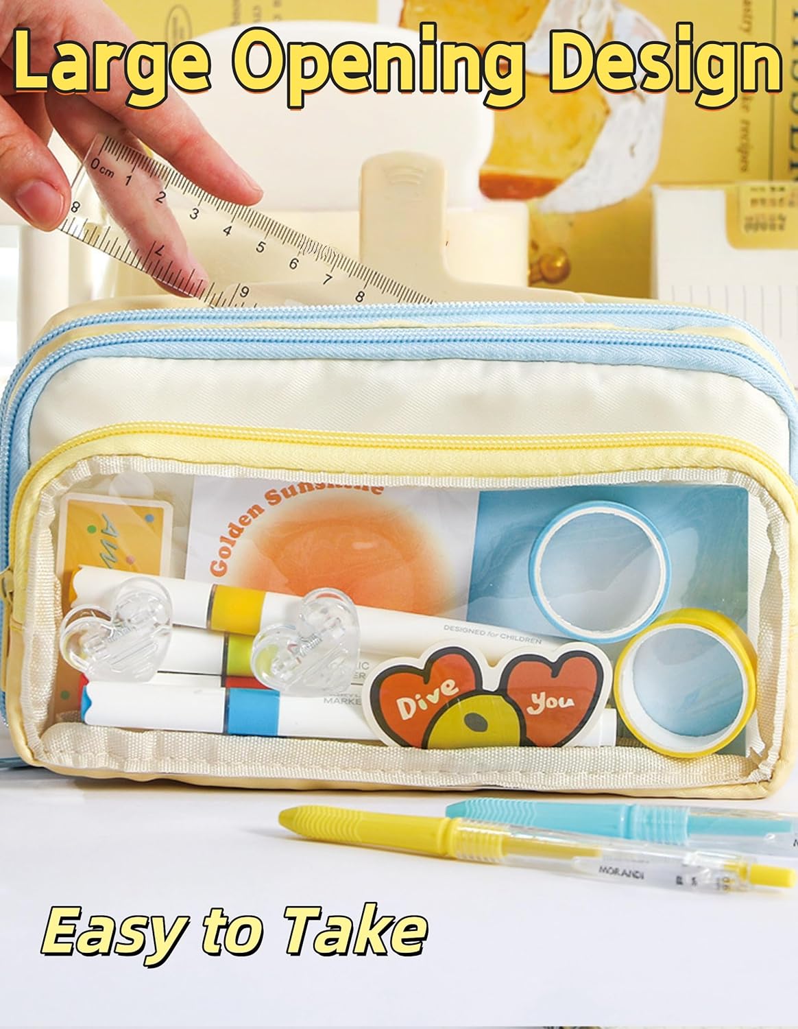 Large Capacity Color Block Transparent Detachable Kawaii Pencil Case - Aesthetic Dopamine Supplies Organizer, Cute Pain Bag Style Pen Pouch (Yellow) - Image 5