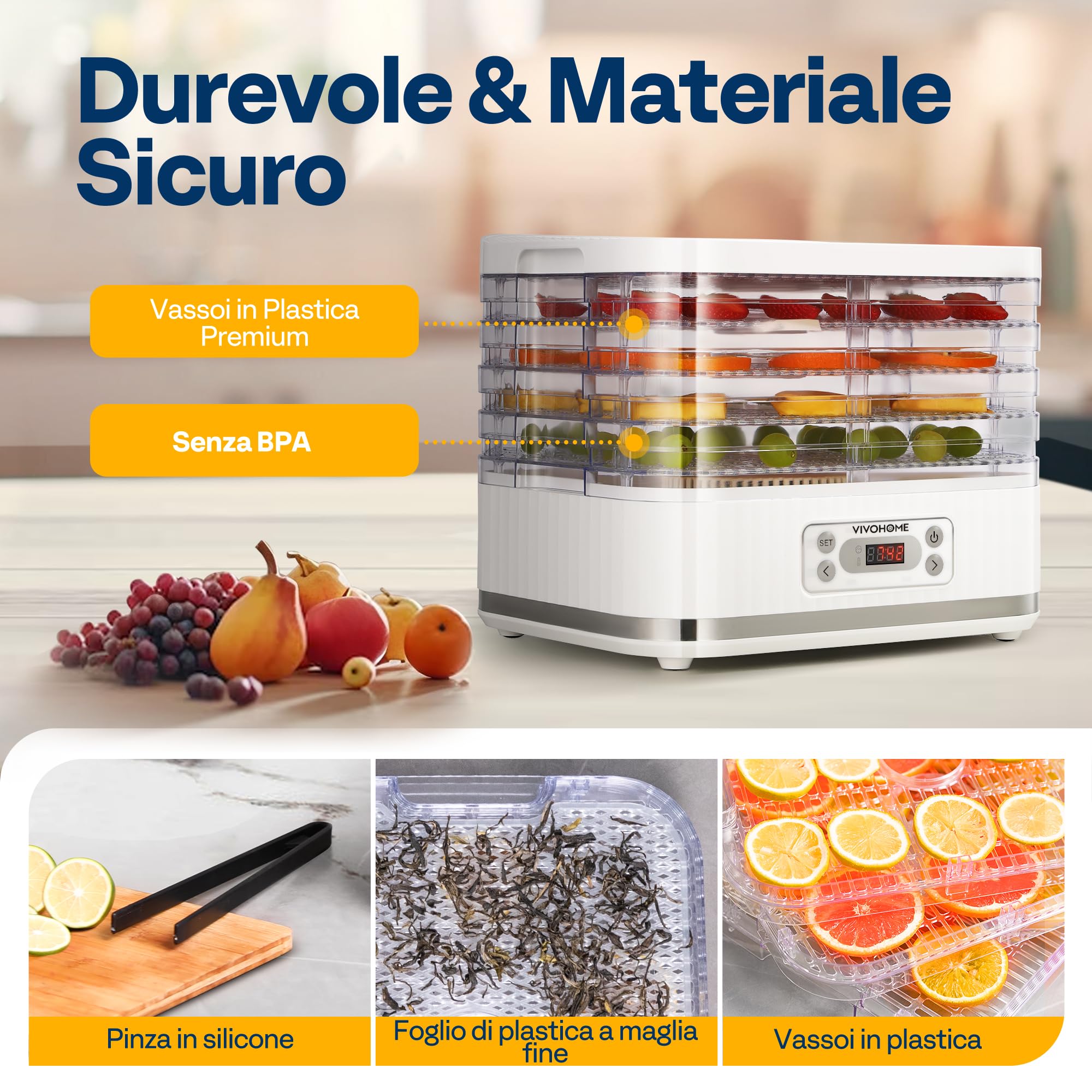 VIVOHOME Essiccatore Elettrico con 5 Vassoi 400W con Timer Digitale 72 Ore e Regolazione Della Temperatura per Frutta Verdura Carne Secca Erbe Manzo Funghi