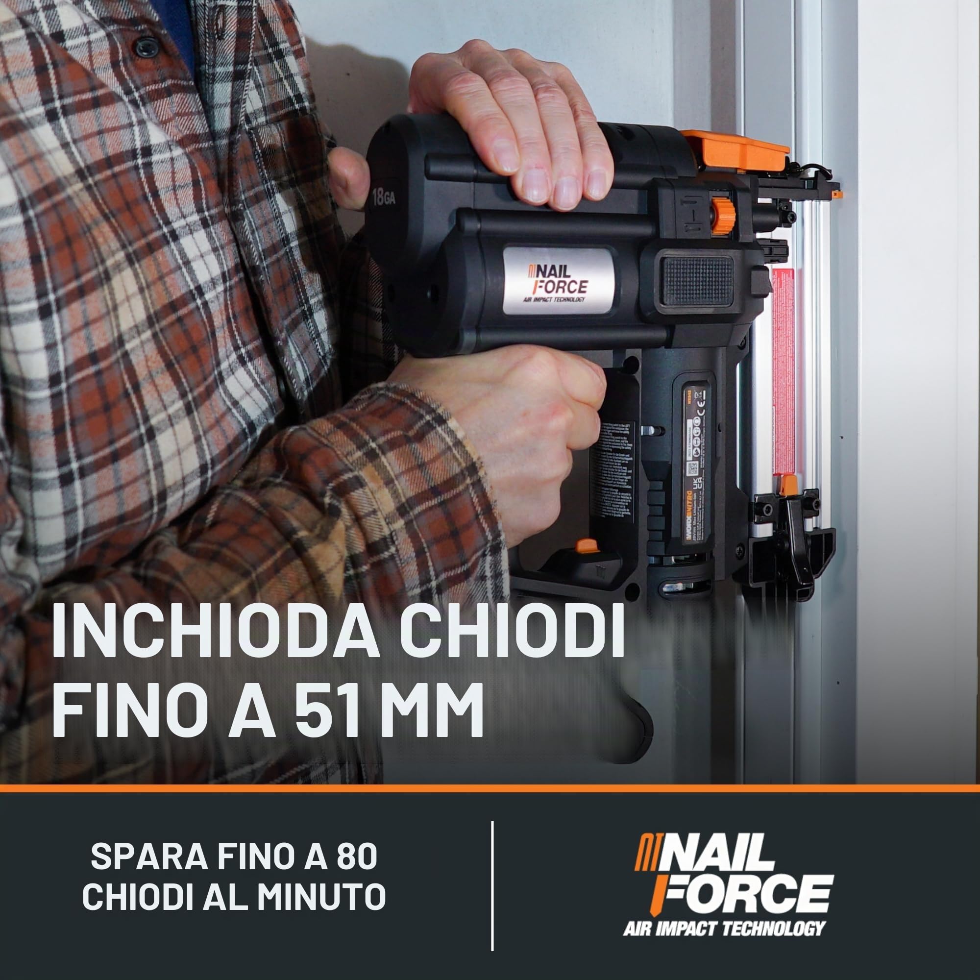 WORX NITRO WX842.9 Chiodatrice a batteria 20 V 18 GA – 80 chiodi/min – per chiodi da 15 – 50 mm – senza fili ad alta efficienza – risoluzione di inceppamento senza attrezzi