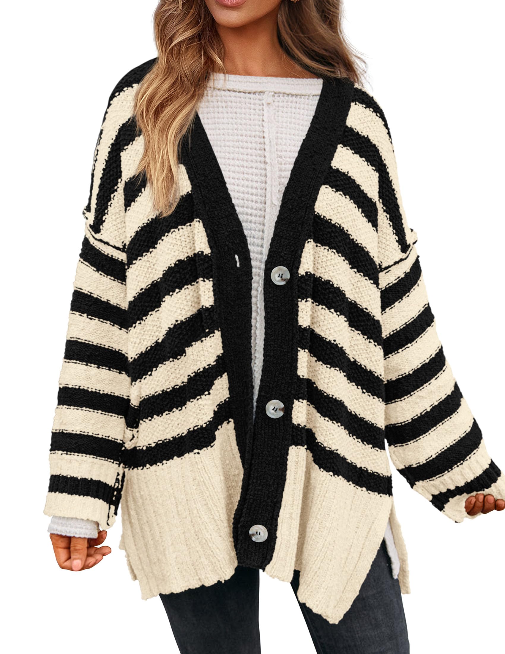 PRETTYGARDEN Womens Winter Striped Cardigan Sweaters Long Sleeve Button Down Open Front Chunky Knit Oversized Sweater Coat