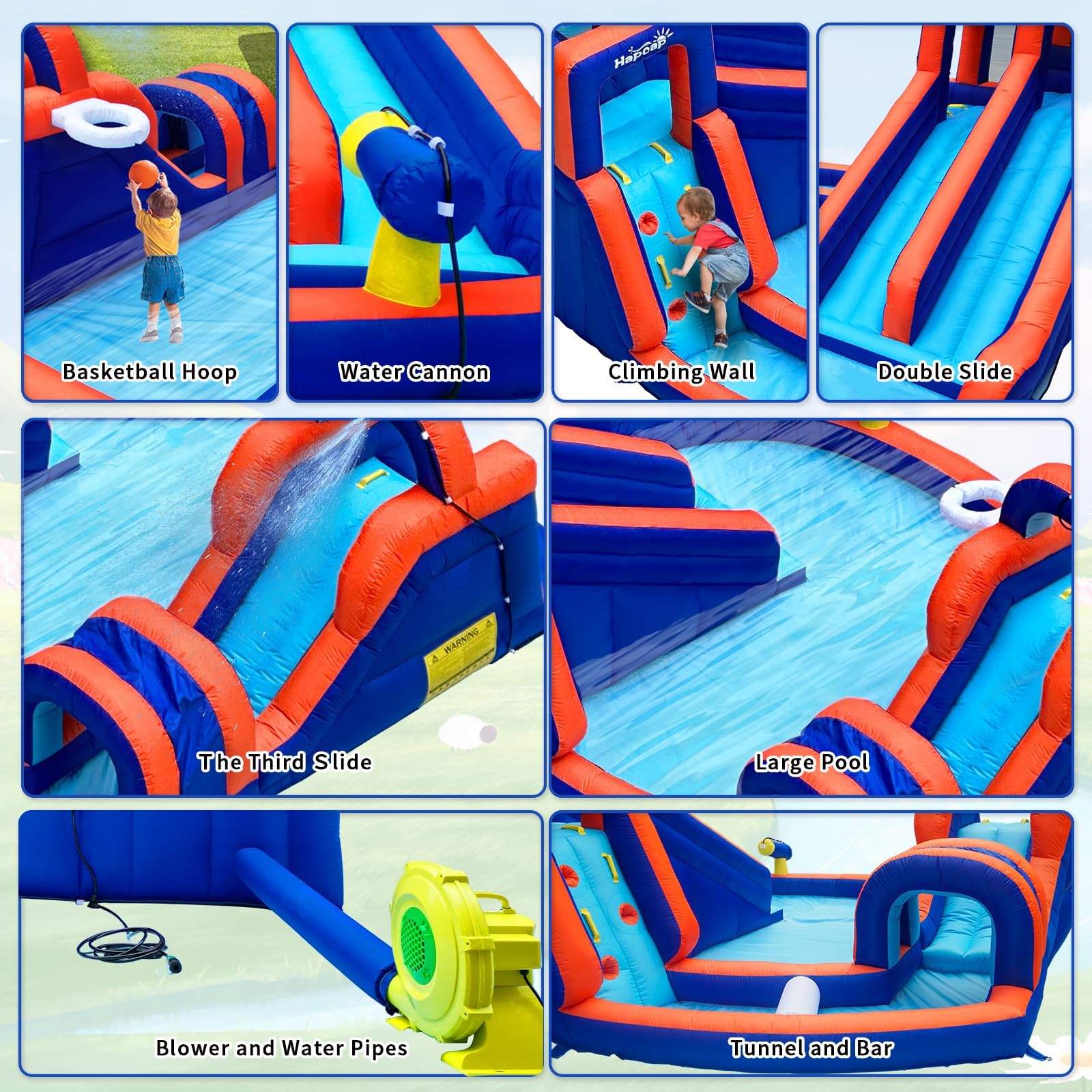 Hüpfburg mit Gebläse,Aufblasbarer Wasserpark mit Rutsche und Kletterwänden,Tunnel,Schwimmbecken, Wasserpistole,Geeignet für 5 Kinder im Alter von 3 bis 8 Jahren (420 x 410 x 240 cm)
