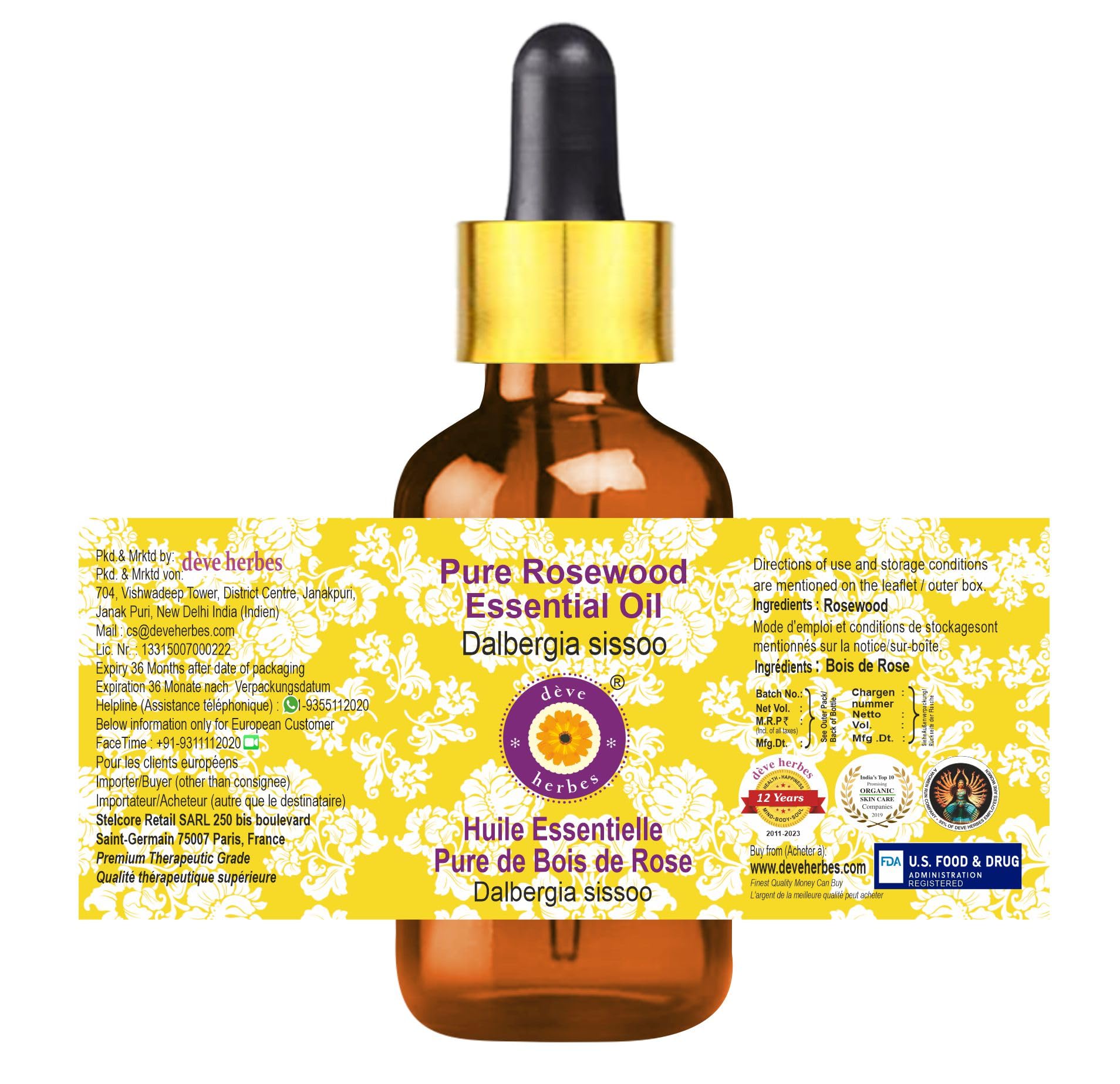 Deve Herbes Pure Huile essentielle de Bois de rose (Dalbergia sissoo) avec compte-gouttes en verre Distillé à la vapeur qualité thérapeutique naturelle 100ml (3,38 oz)