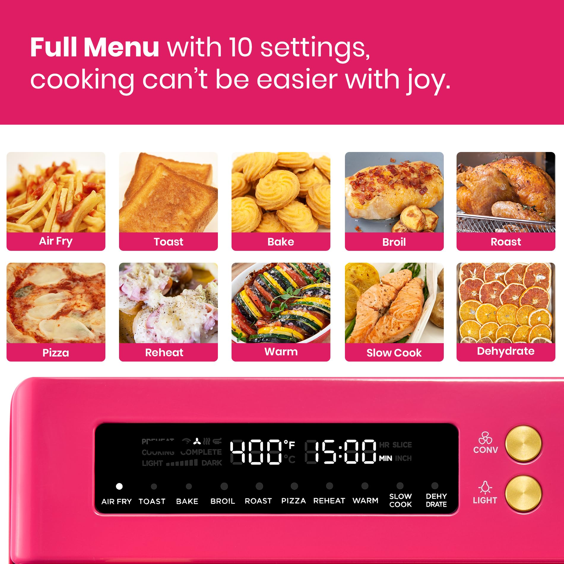 VAL CUCINA Limited Edition Happy Pink Infrared Heating Air Fryer Toaster Oven, Extra Large Countertop Convection Oven 10-in-1 Combo, 6-Slice Toast, Enamel Baking Pan Easy Clean with Recipe Book - Additional View