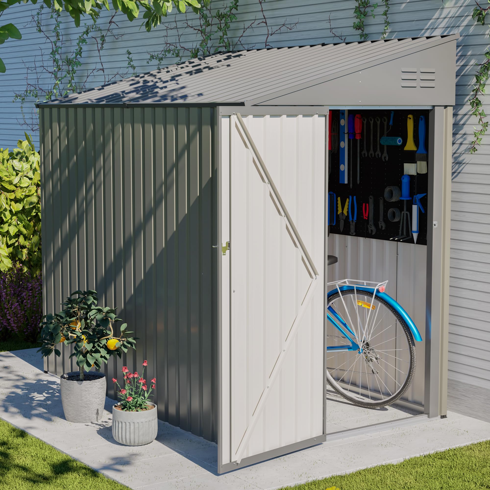 YOPTO 4x7 FT Outdoor Storage Shed Lean to Shed,Metal Shed W/Lockable Door &amp; Air Vent,All Weather Waterproof Garden Tool House W/Reversible Installation,for Backyard,Patio,Lawn,Olive Gray