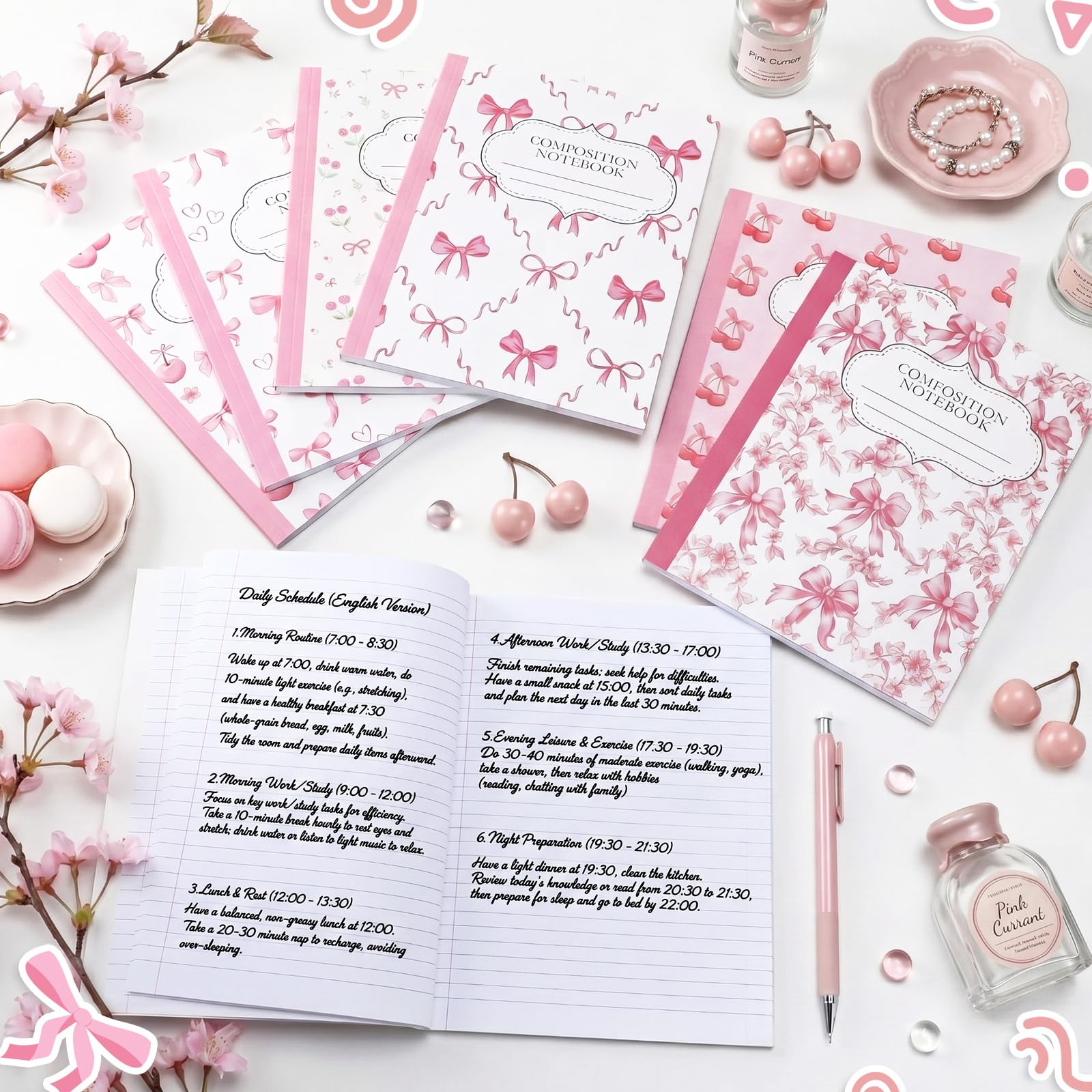 Fullhawl Confezione da 6 quaderni per composizione universitaria a righe sfuse con fiocco rosa per composizione estetico preppy per il rientro a scuola, 110 pagine 24,5 x 19,5 cm, grazioso diario di