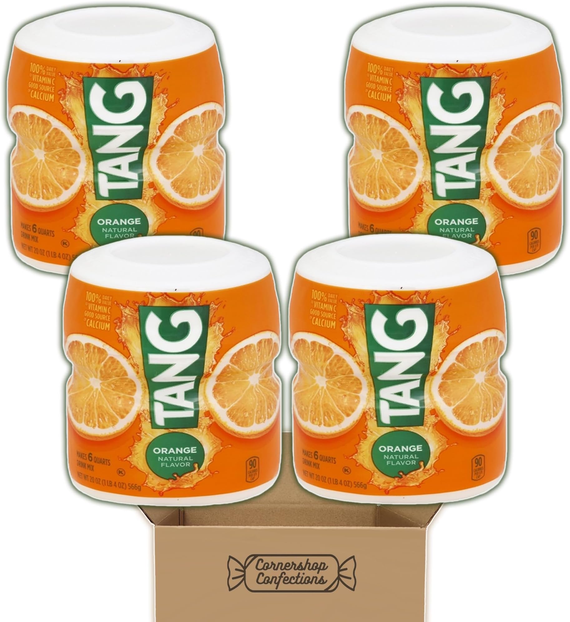 TANG Orange Drink Mix Lover's Bulk Pack with Measuring Spoon Set in Cornershop Confections Box - 80 ounces total - Makes 60 servings - Great for sporting events, holidays, and summer days!, Pack of 4