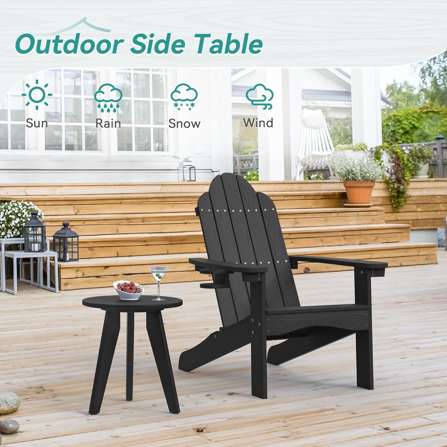 HDPS Outdoor Side Table, Small Round Side Table Weather-Resistant, Outdoor Side Tables for Patio, Porch, Deck, End Table for Plant Stand, Living Room, Bedroom, Black