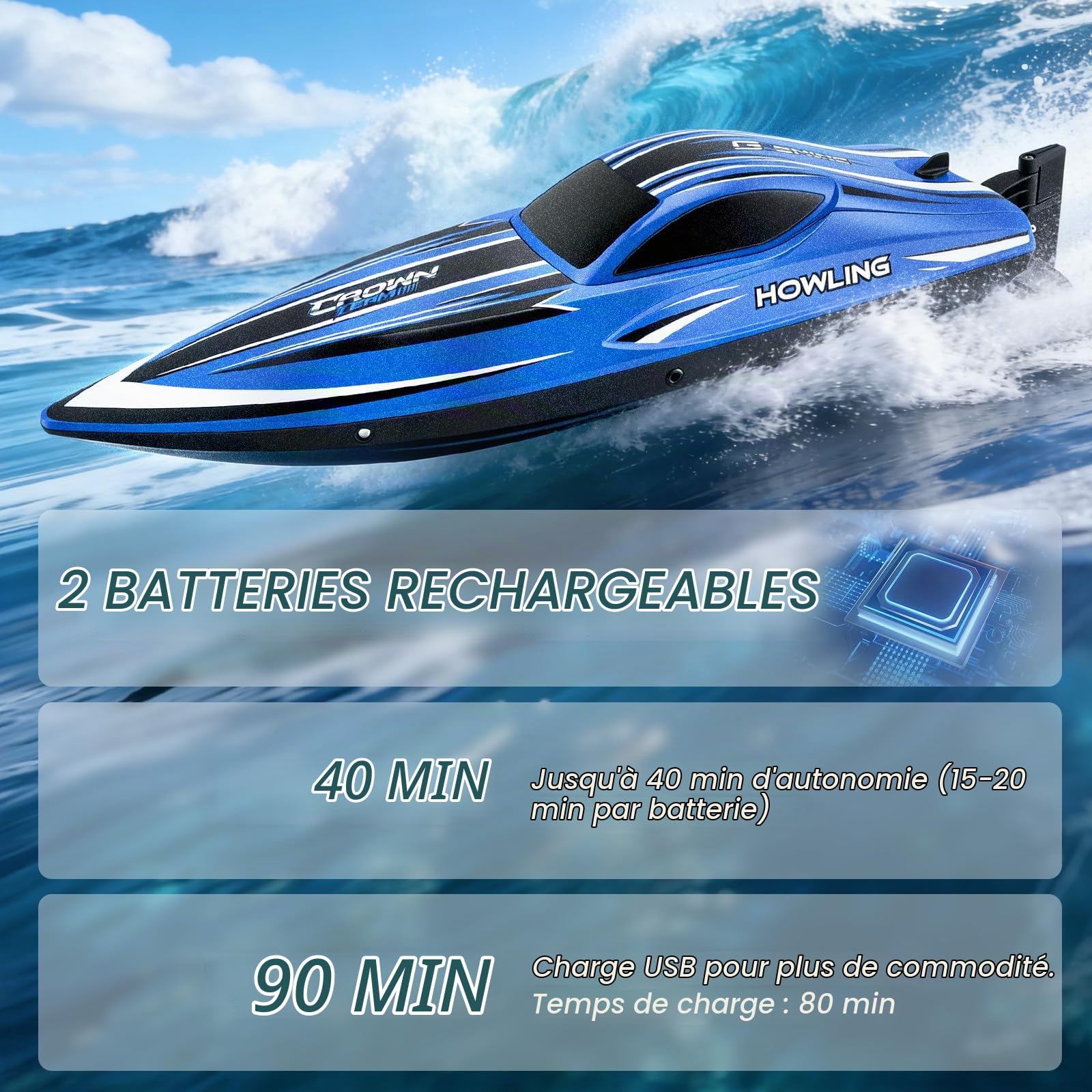 Bateau télécommandé avec éclairage LED, bateau RC de 42 cm, 35 km/h, autonome, 2 batteries, télécommande 2,4 GHz, étanche et résistant aux coups, pour enfants et adultes, piscine, lac (bleu)