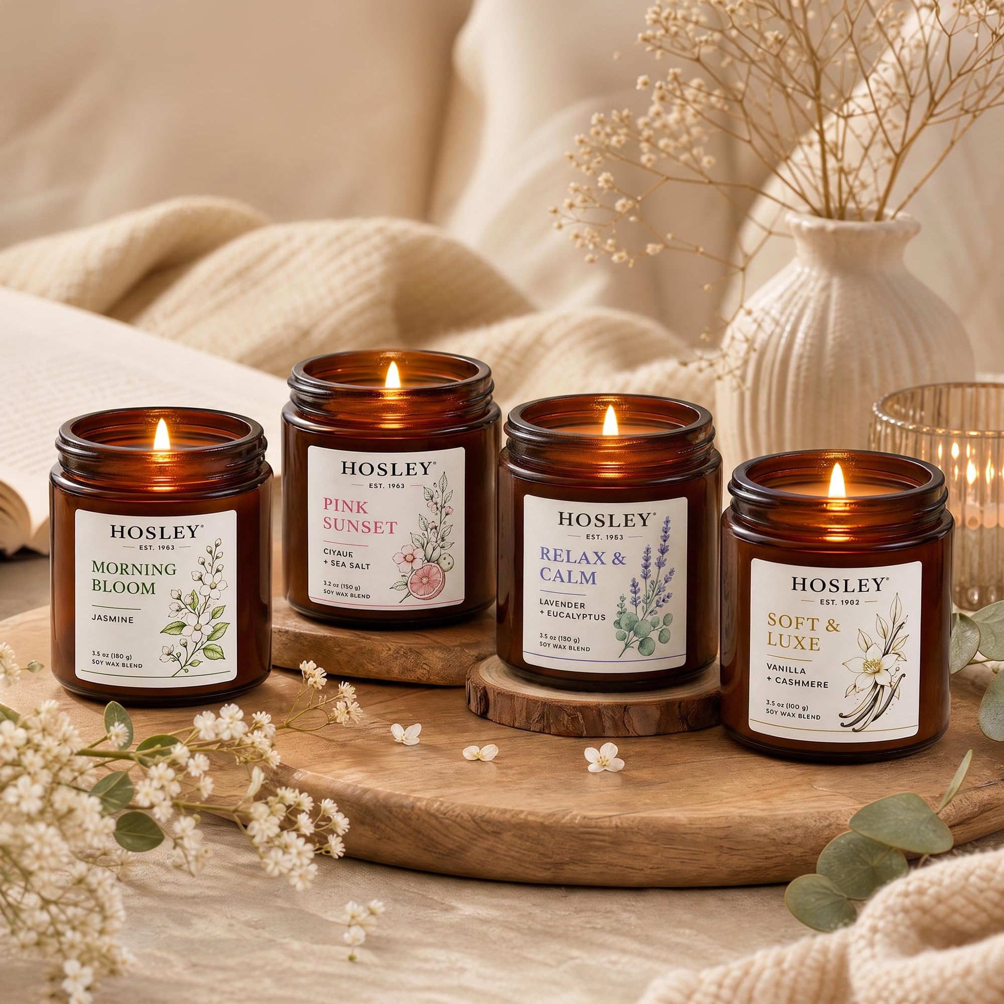 HOSLEY Scented Wax Candle Gift Set of 4| Premium Aromatherapy Jar Candle | Long Burn 30Hrs Fragrance Candle for Home Décor, Living Room, Spa, Relaxation, Meditation & Diwali Gift Assorted FragranceS-image-49