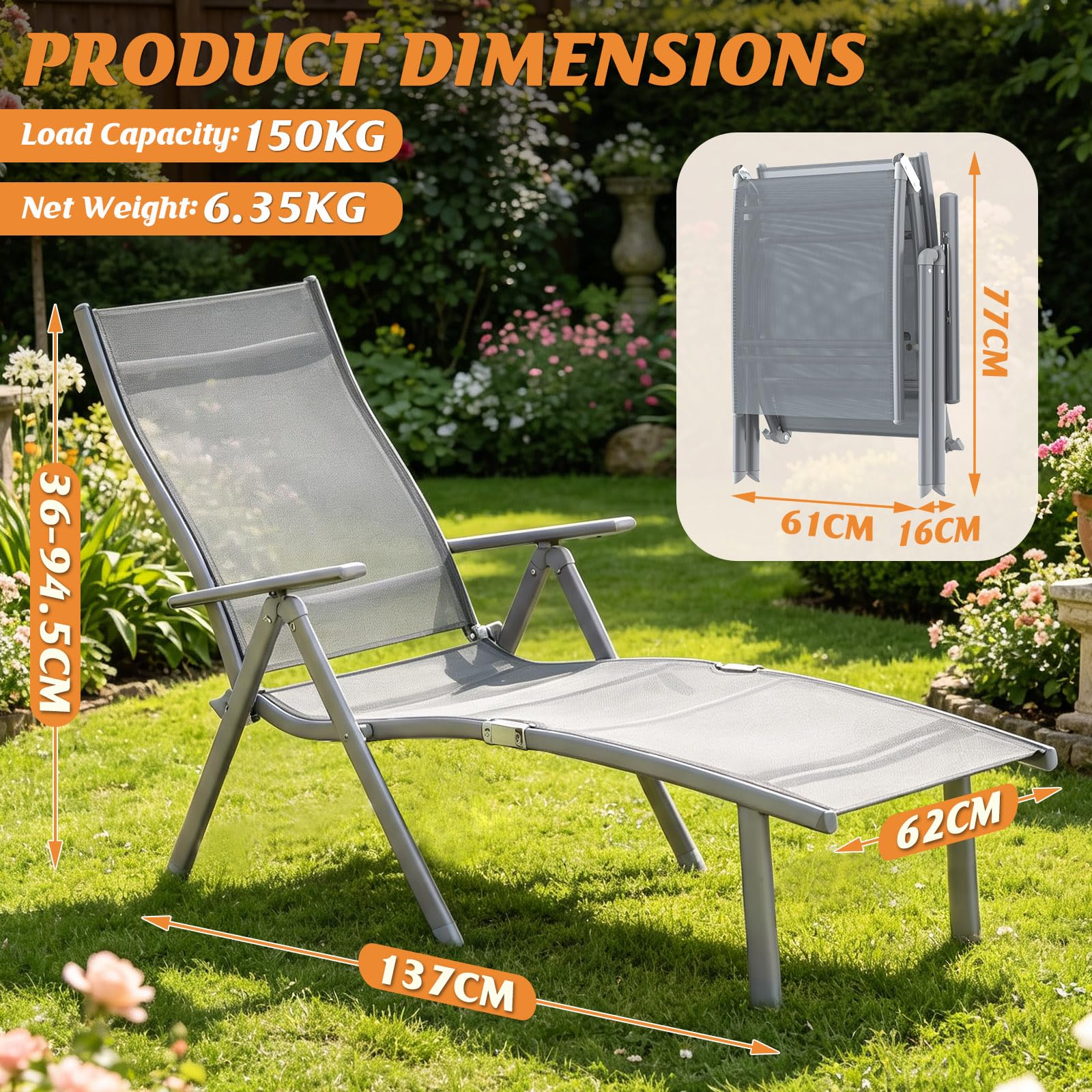 Ferghana Sedia a sdraio pieghevole, da giardino, schienale regolabile in 7 posizioni, impermeabile, resistente ai raggi UV, resistente alle intemperie, leggero, portata fino a 180 kg, per campeggio