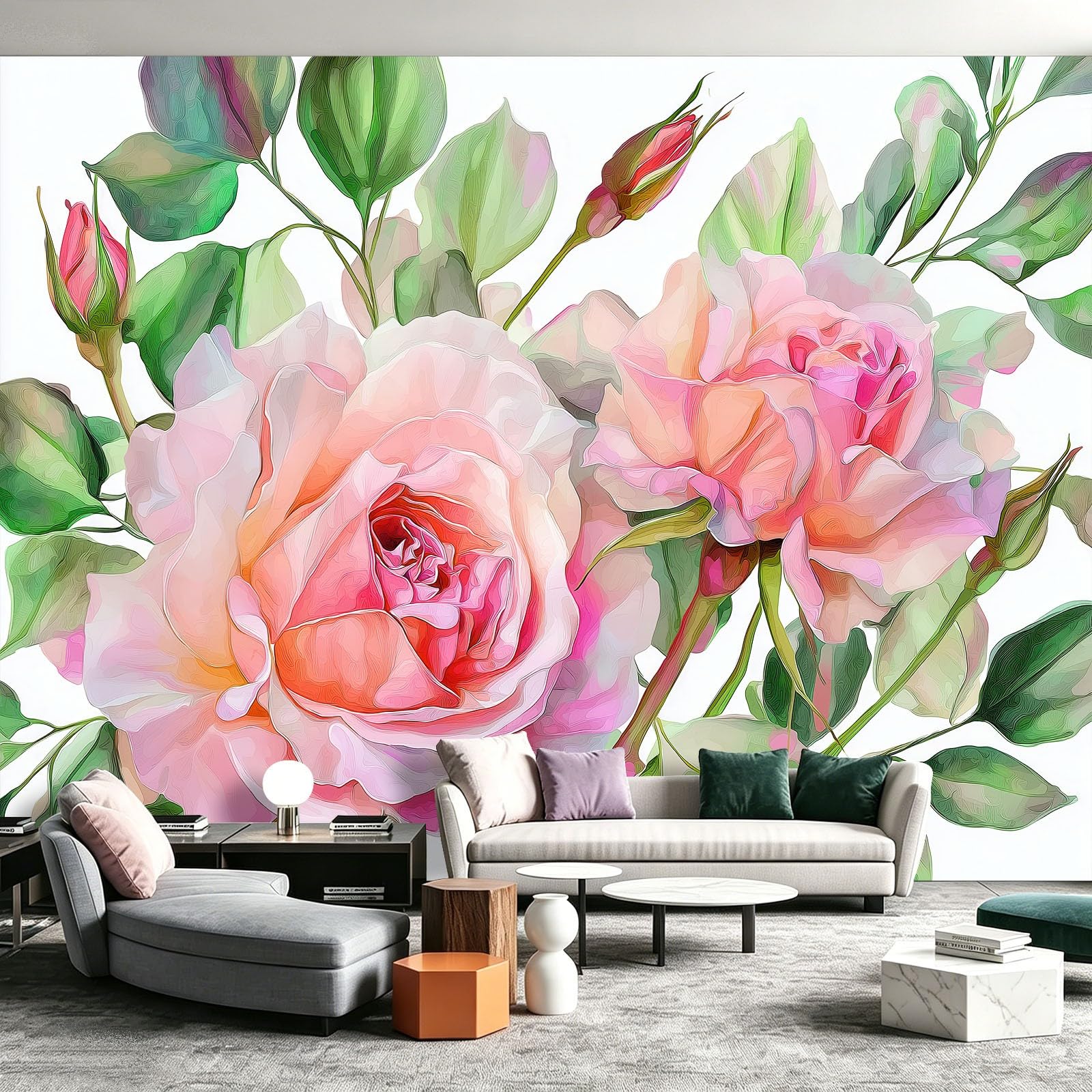 WallArena Papel pintado fotográfico de fieltro, estilo botánico francés de acuarela 250 x 175 cm, papel pintado fotográfico para dormitorio principal, habitación de niñas, salón de belleza, papel