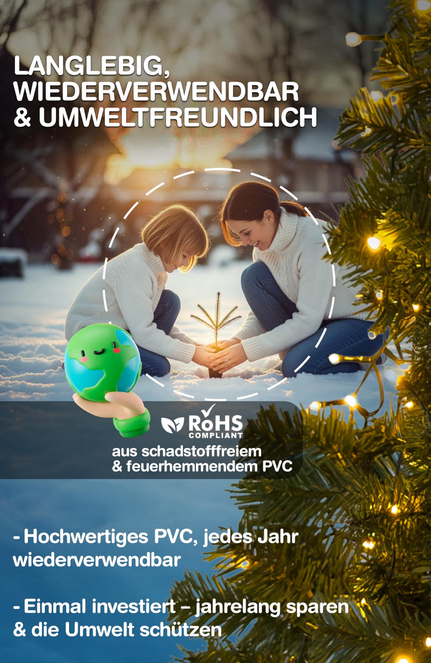 Menz Künstlicher Weihnachtsbaum 180 cm LED 2-in-1 Set, Tannenbaum Künstlich mit Lichterkette, Dichte PVC-Zweige, Stabiler Christbaum-Ständer, Einfach zu Montieren und Lagern
