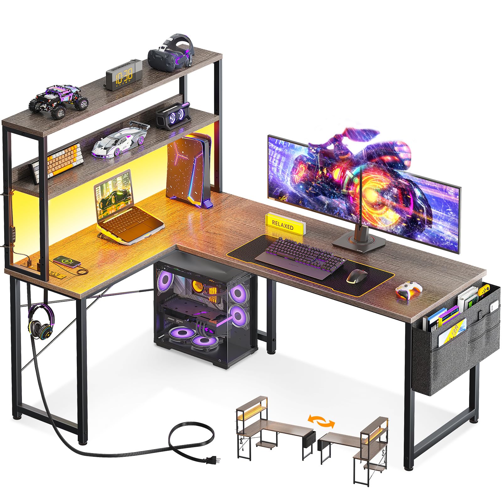 ODK 53 Inch L Shaped Desk with LED Lighting, Reversible Gaming Desk with Power Outlets, Cornor Computer Table with Storage Shelves & Bag & Iron Hook, Home Office Table for Writing, Study, Grey Oak