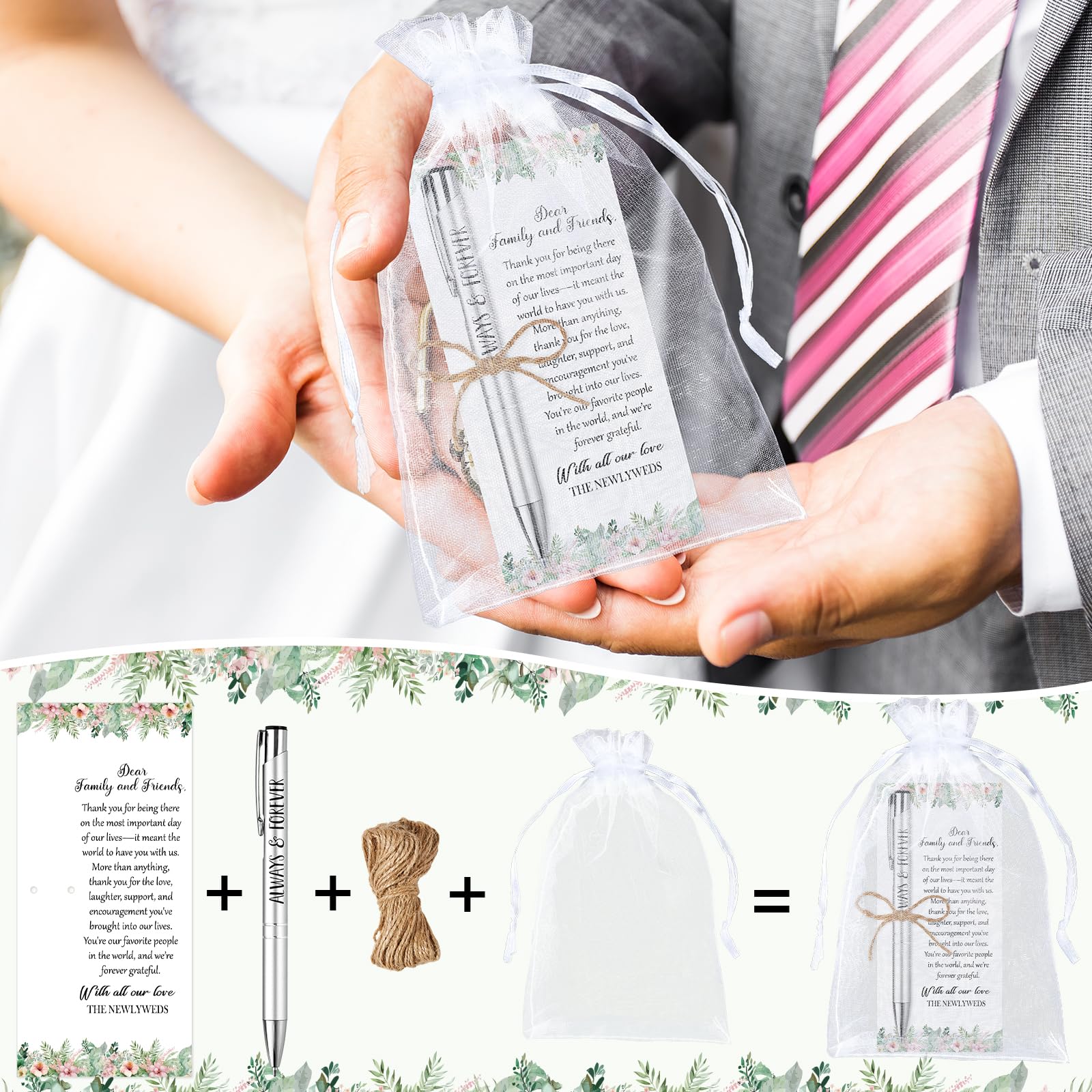 Set di 50 bomboniere per gli ospiti, include penne a sfera retrattili, biglietti di ringraziamento, sacchetto in organza, corda di canapa, bomboniere, addio al nubilato, regali, souvenir, souvenir per