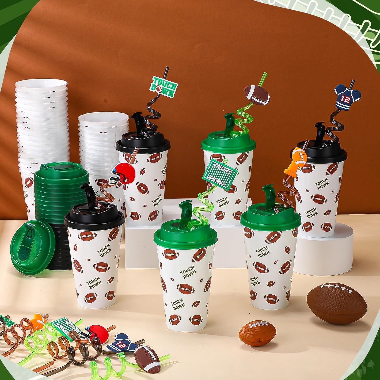 Remerry 16 Set Football Party Favors Goodie Cups with Lids and Spiral Straws 16 oz Reusable Sports Plastic Tumblers Candy Cups for End of Season Team Gifts Birthday Party Supplies