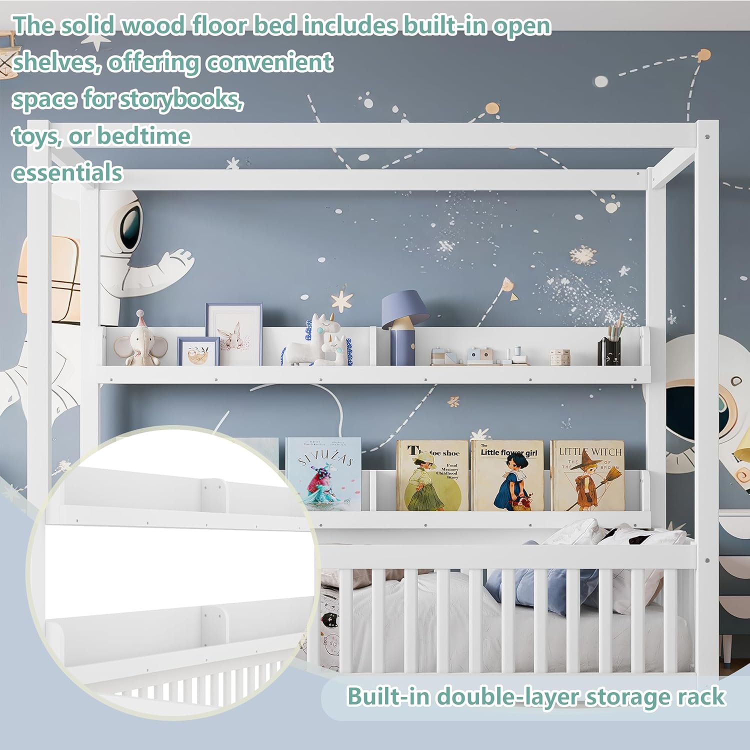 Bellemave Twin Size Canopy Bed with Guardrails and Support Slats, Solid Wood Canopy Floor Bed with Storage Shelves, Canopy Beds Frame for Kids, Teens, Adults, No Box Spring Needed, White