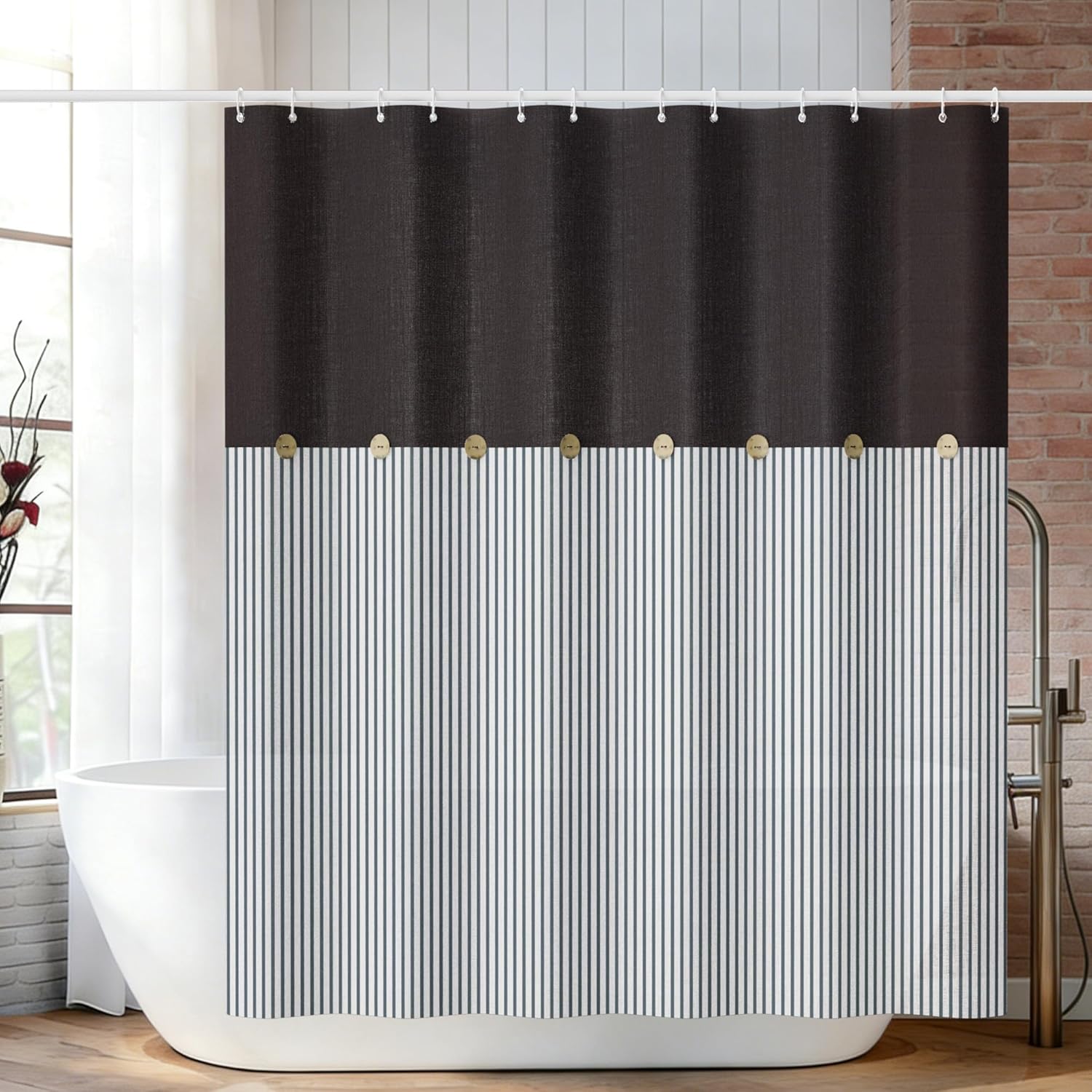 Black and White Shower Curtain 71 x 71 Inches, Modern Geometric Stripe Bathroom Curtain with Button Accent Patchwork Design, Waterproof Fabric Bath Curtain for Contemporary Bathroom