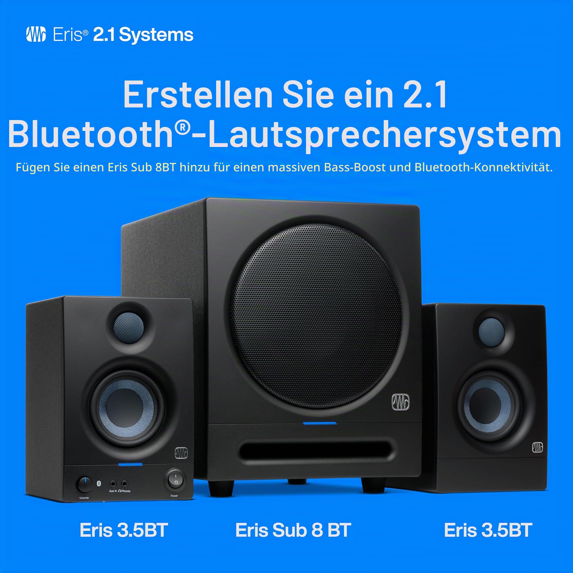PreSonus Eris 3.5BT (2. Generation) 8,9 cm (3,5 Zoll) Nahfeld-Studio-Monitore mit Bluetooth | 50 W, Woofer aus gewebtem Verbundstoff, Silk-Dome Hochtöner, Schwarz