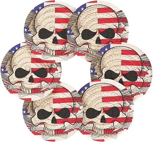 Miniatura 2 de Absorbant Coasters Set of 6 with Holder Coasters for Drinks Cotton Coasters Porta Vasos para Mesas American Flag Skull