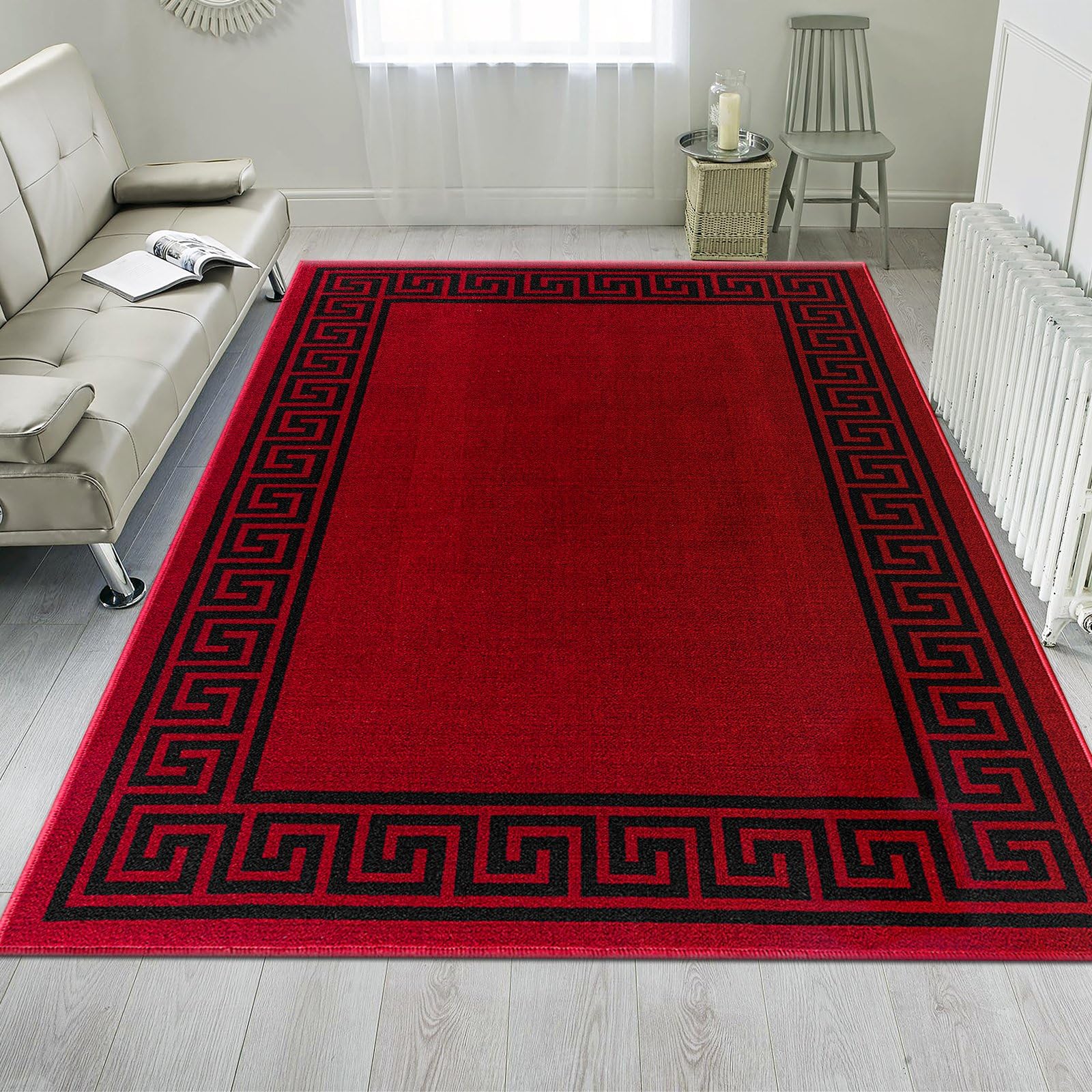 renoazul® Rugs for Living Room with Large Heavy Duty, Non-Slip and Washable, Geometric Non-Shed Low Pile Bedroom Decor, Kitchen and Hallway Anti slip Rug | 160 x 230 cm, Greeky Rug - Red & Black