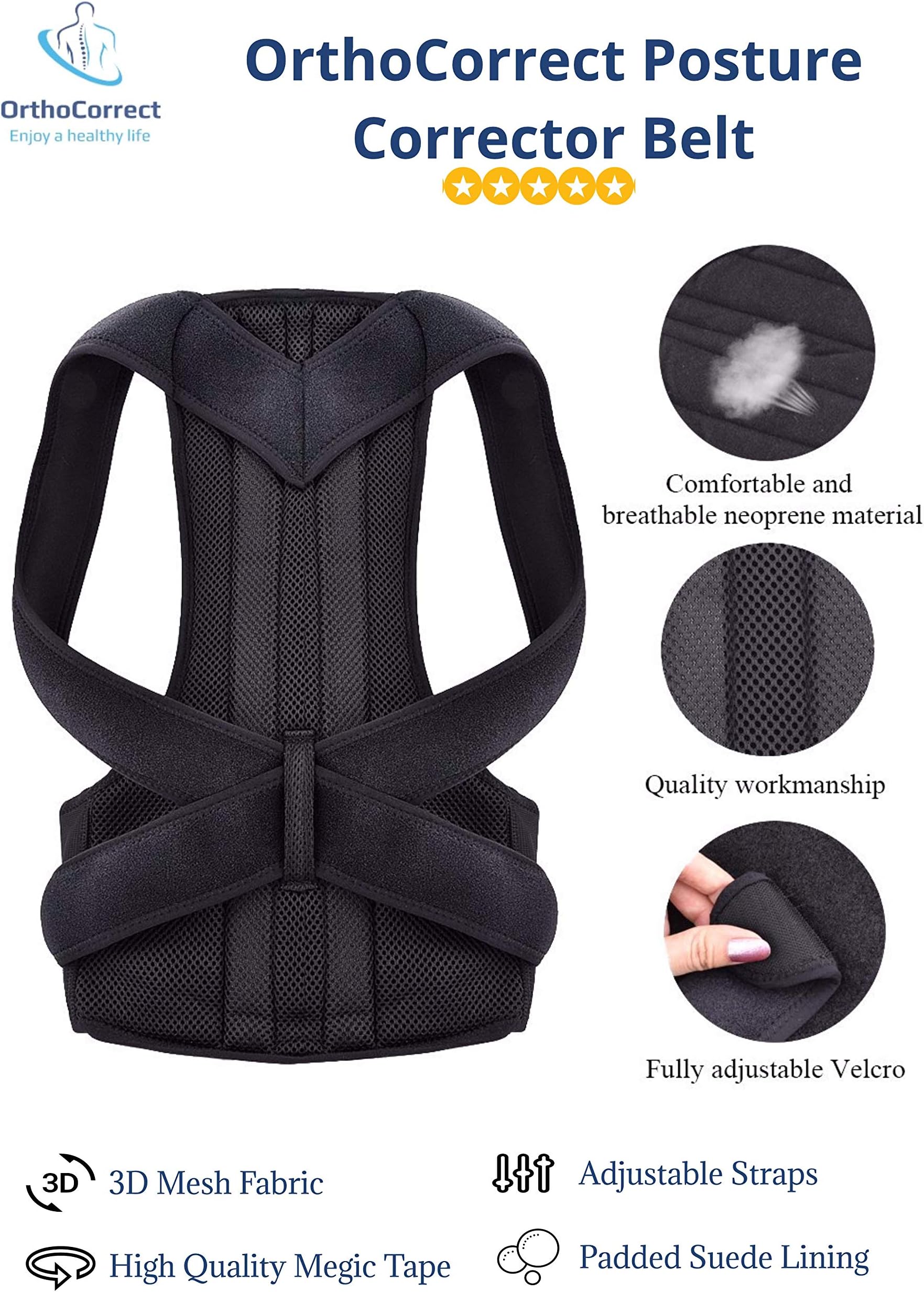 Adjustable Posture Corrector Belt with Lumbar Support, Back Brace, Back & Shoulder Support, Back Pain Braces for Men and Women, Arthritis Pain Relief, Neoprene Posture Corrector 2019 Model -Medium