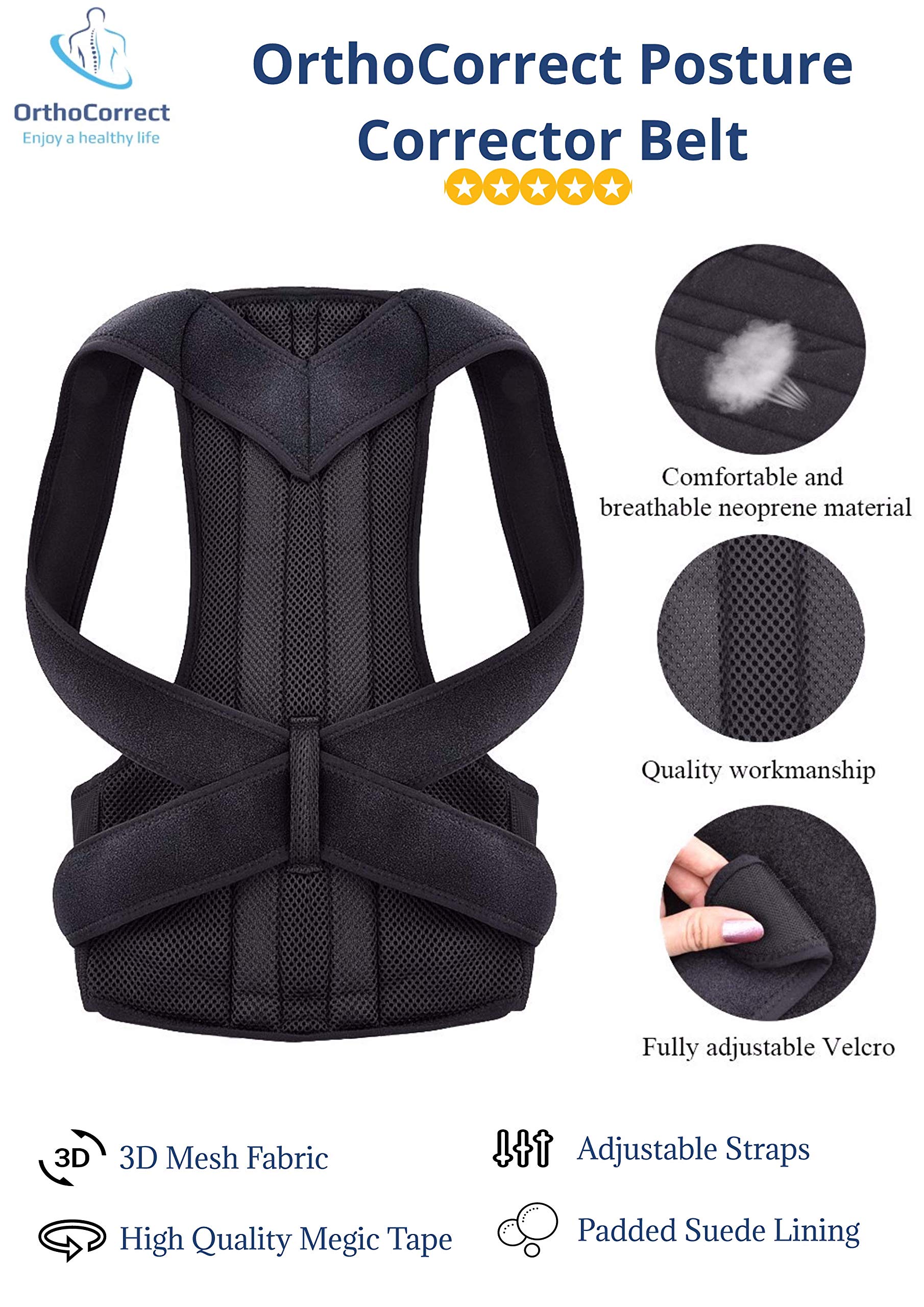 Adjustable Posture Corrector Belt with Lumbar Support, Back Brace, Back & Shoulder Support, Back Pain Braces for Men and Women, Arthritis Pain Relief, Neoprene Posture Corrector 2019 Model -Medium