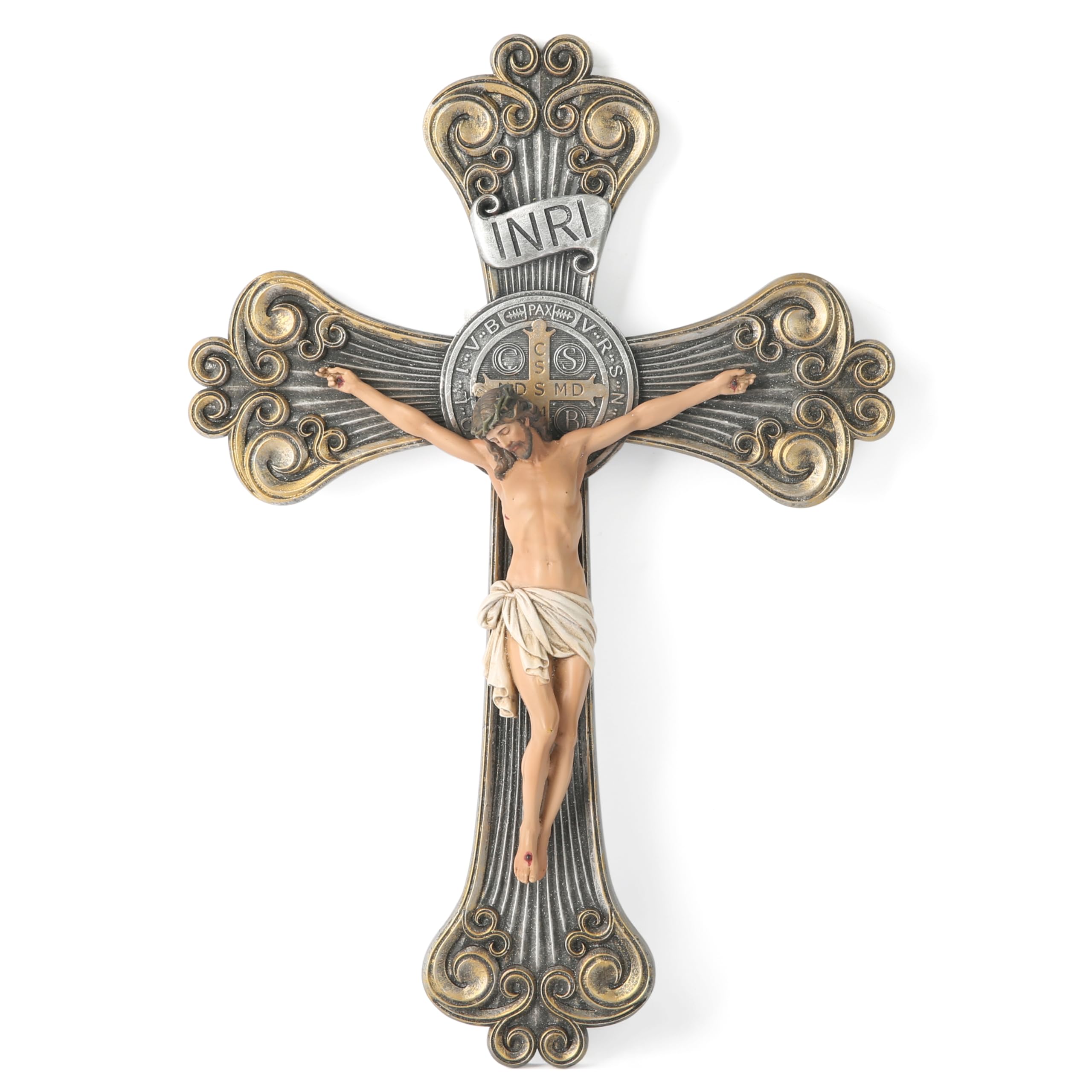BC Catholic St Benedict Crucifix Wall Cross, Inspirational Jesus Christ Wall Decor for Elegant Modern Home, Gifts to Mom, Renaissance Carve Look,