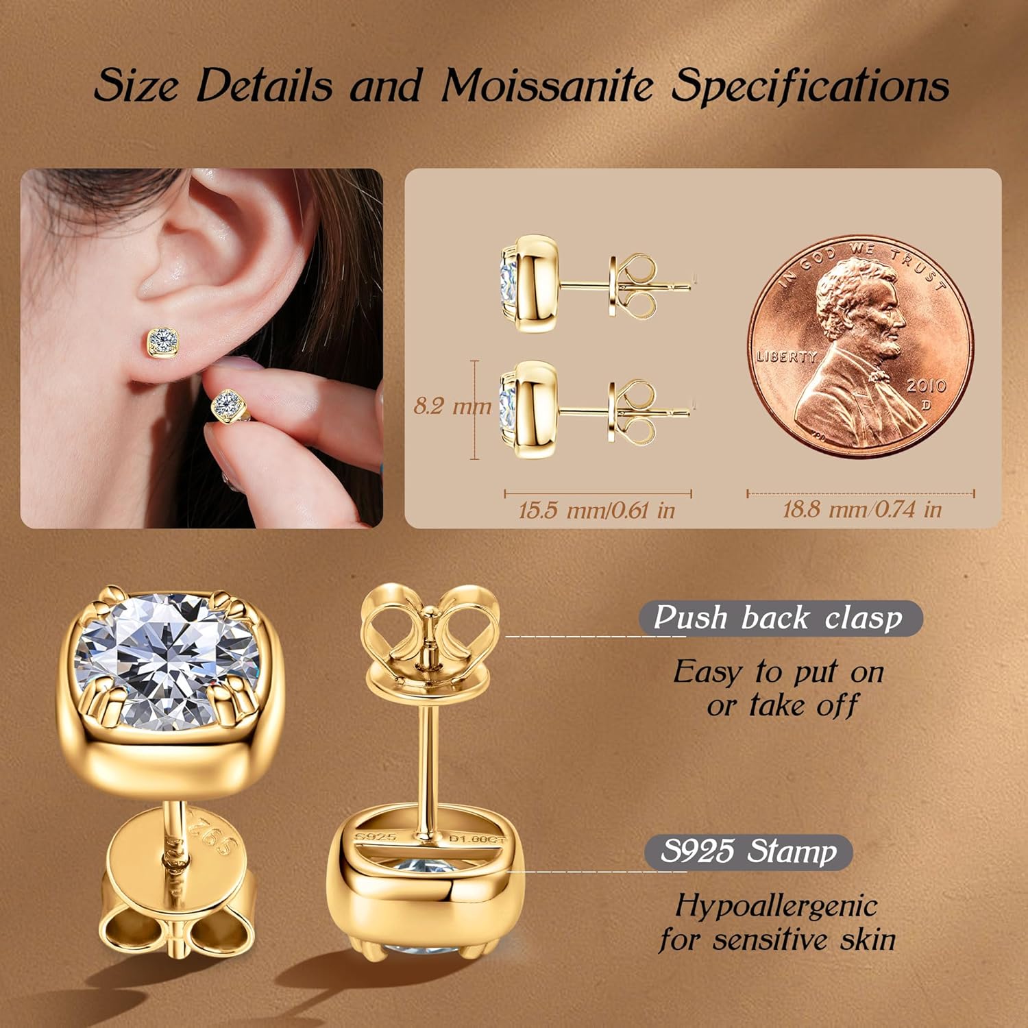 1ct Moissanite Square Stud Earrings, 6.5mm D Color VVS1 Moissanites, 925 Sterling Silver Square Earrings for Women and Men Birthday Jewelry Gifts - Image 5