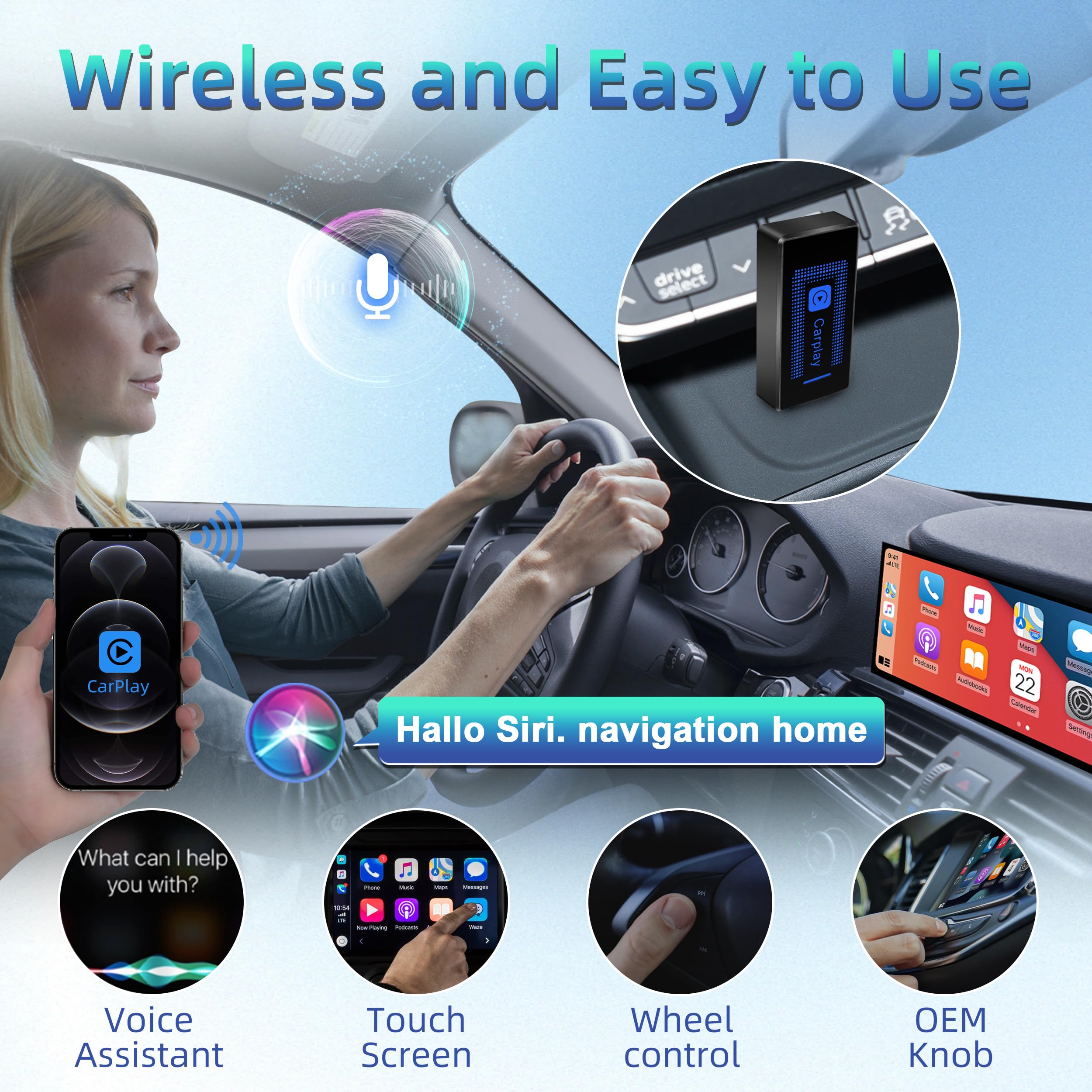 Adaptador inalámbrico CarPlay Mejorado (2025) para teléfono: conversor USB Plug & Play, reconexión automática, Compatible con vehículos de 2016+ e iOS 10+