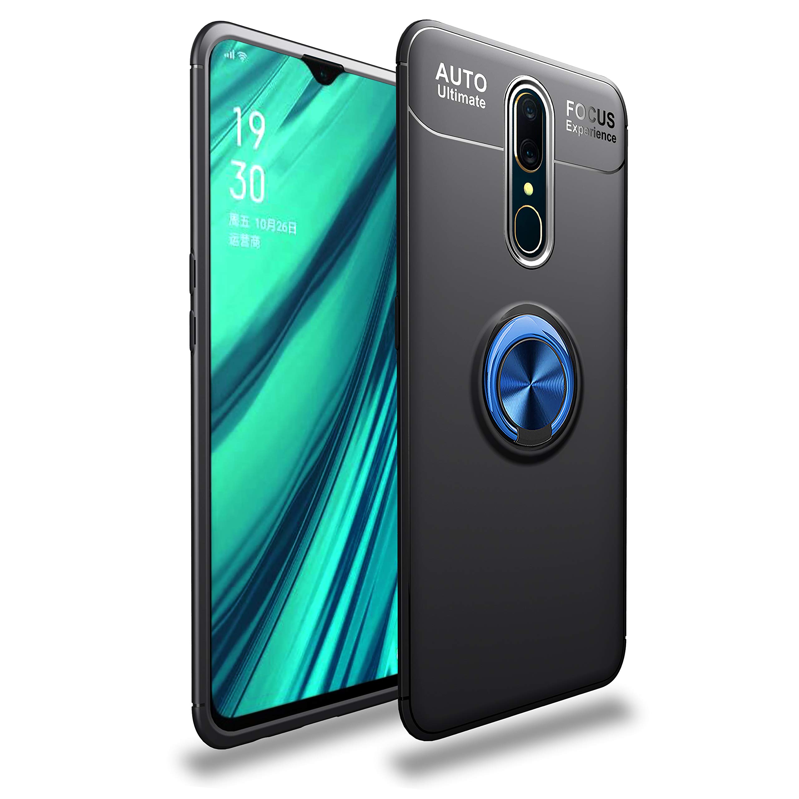 WuzixiCase for Oppo F11, Silicone shockproof sleeve zinc alloy 360° rotating bracket, built-in magnetic metal plate car bracket, Cover for Oppo F11.-Black+Blue