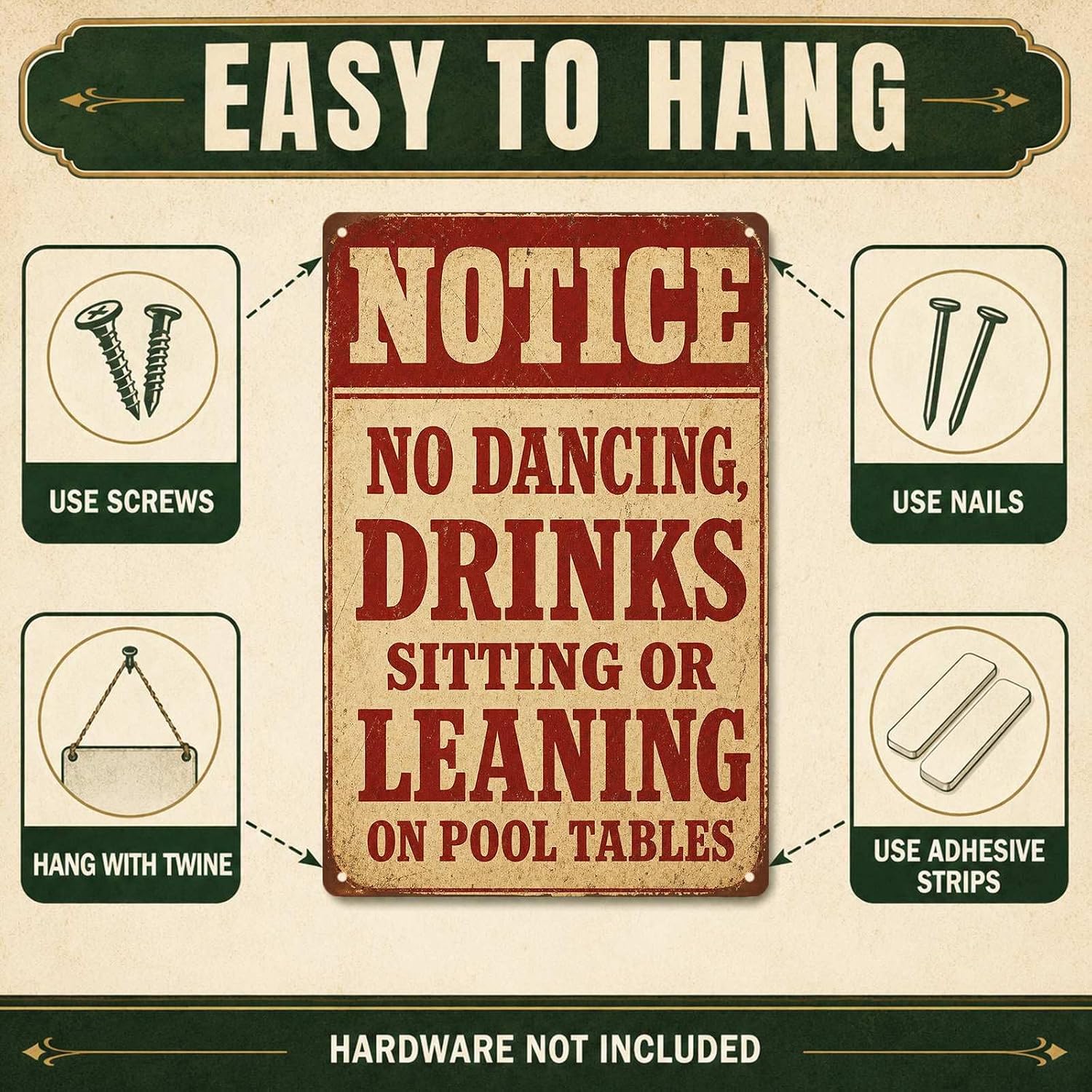 PEACHGARDEN Pool Table Metal Sign Vintage Billiards Notice No Dancing Drinks Sitting or Leaning on Tables Wall Decor for Bar Game Room 8x12 Inch image 4